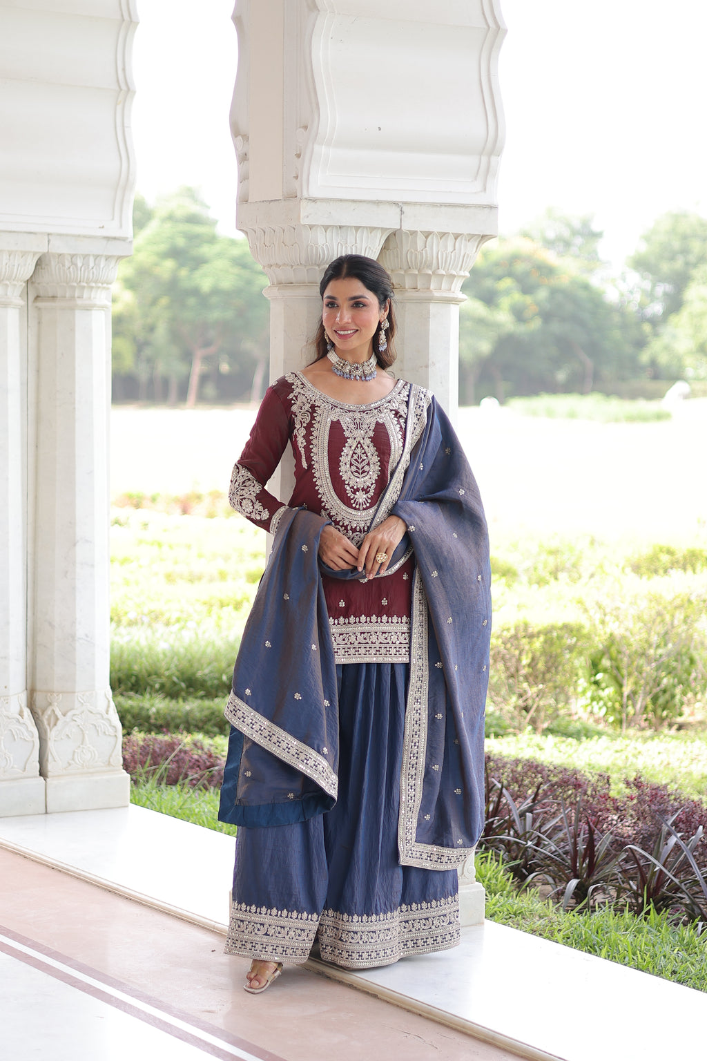Vyara maroon silk kurti sharara set with sequins codding embroidery