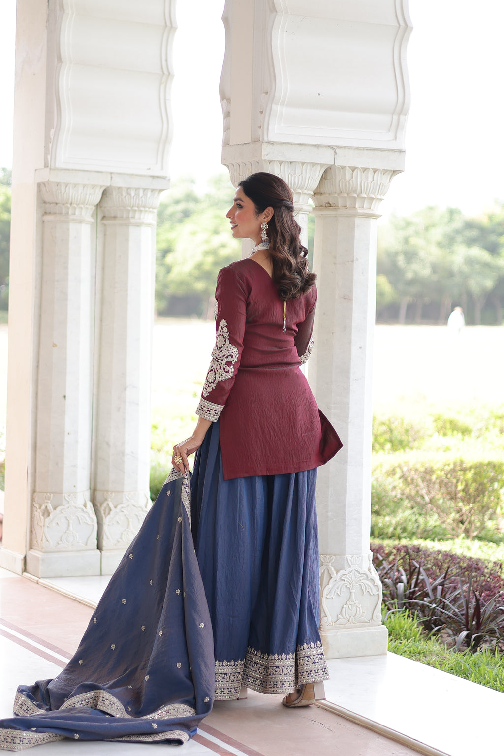 Vyara maroon silk kurti sharara set with sequins codding embroidery