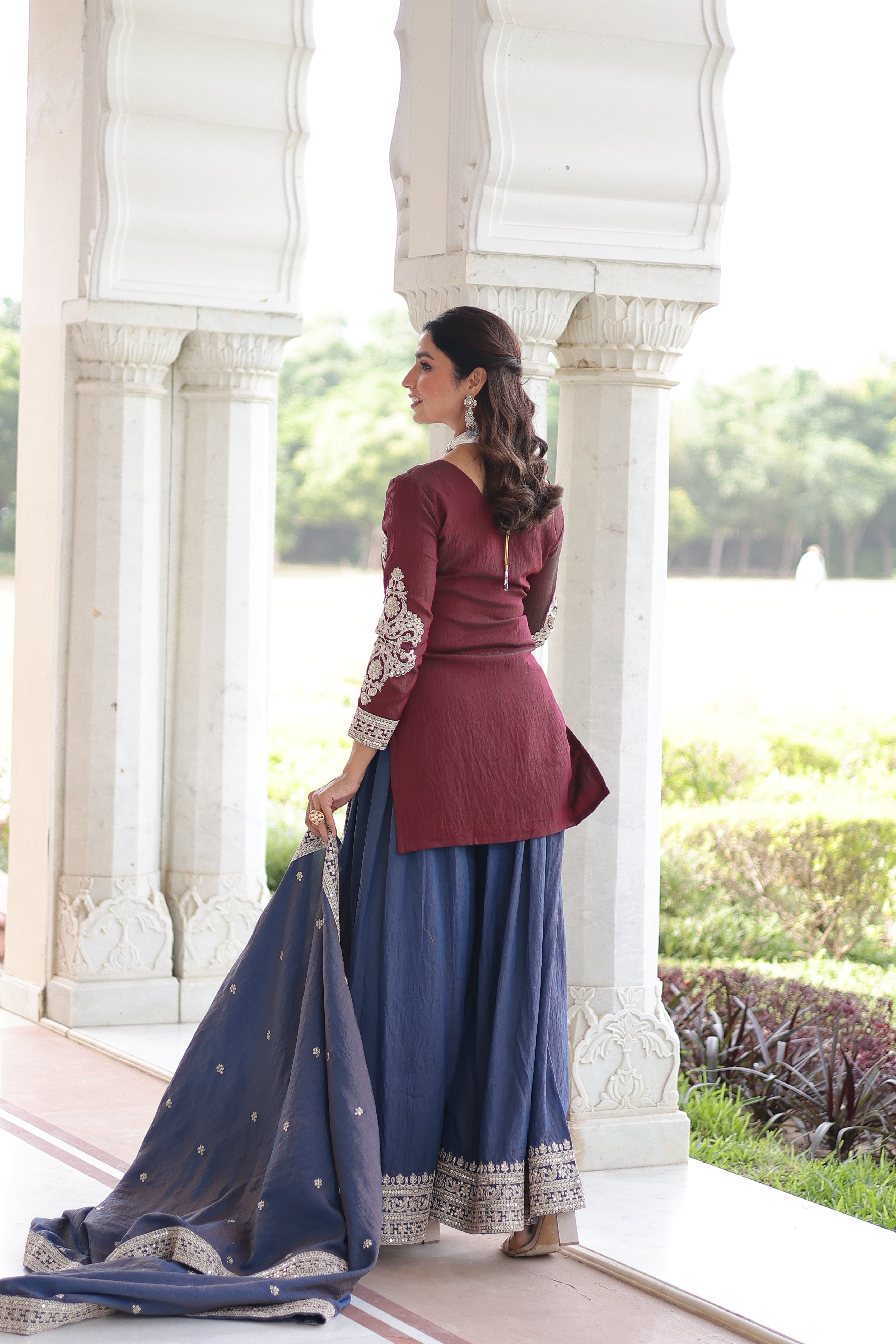 Vyara maroon silk kurti sharara set with sequins codding embroidery
