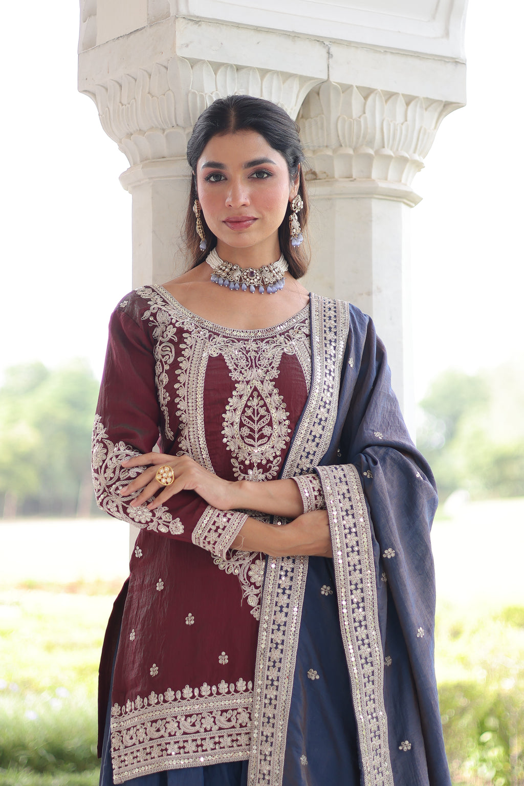 Vyara maroon silk kurti sharara set with sequins codding embroidery