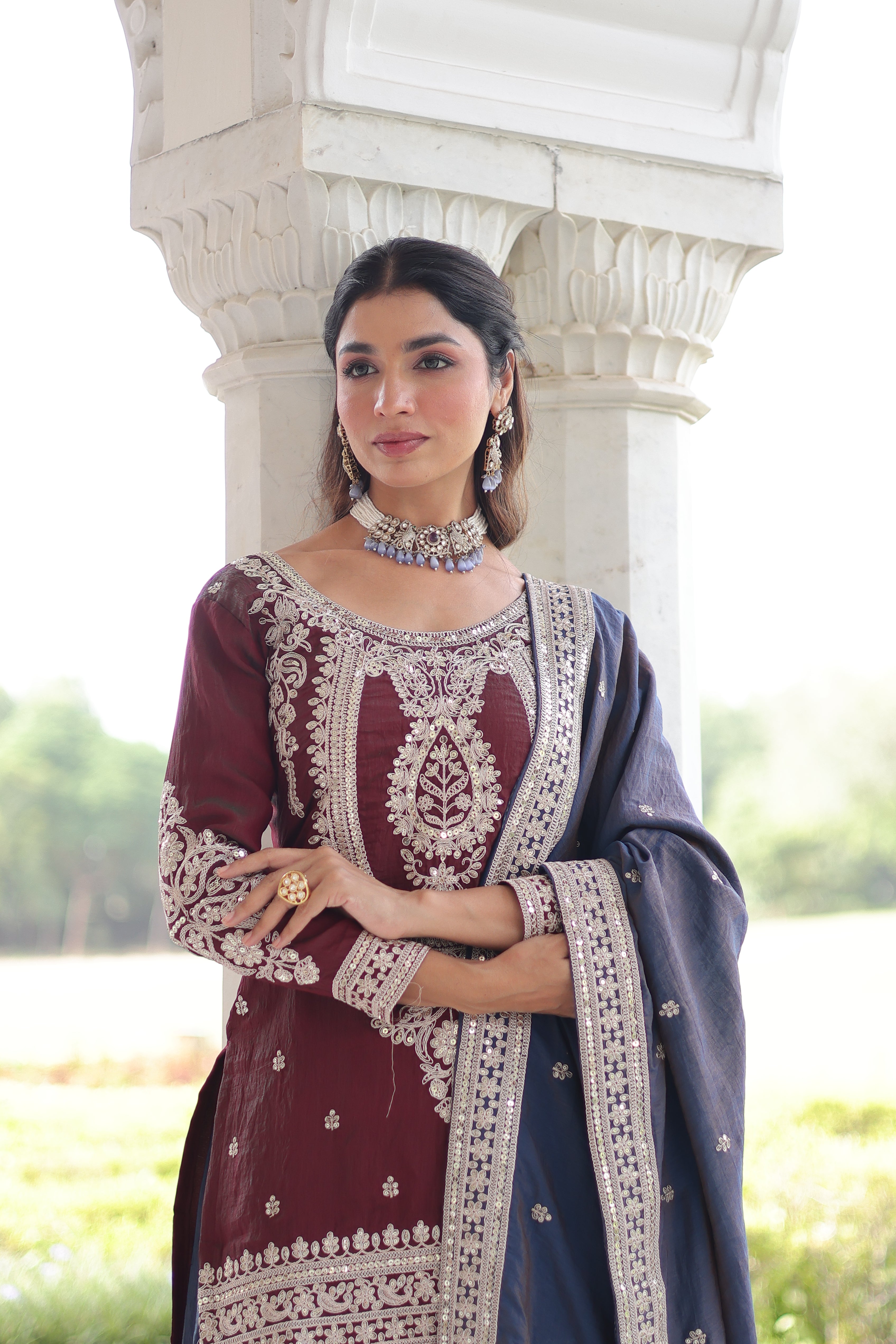 Vyara maroon silk kurti sharara set with sequins codding embroidery