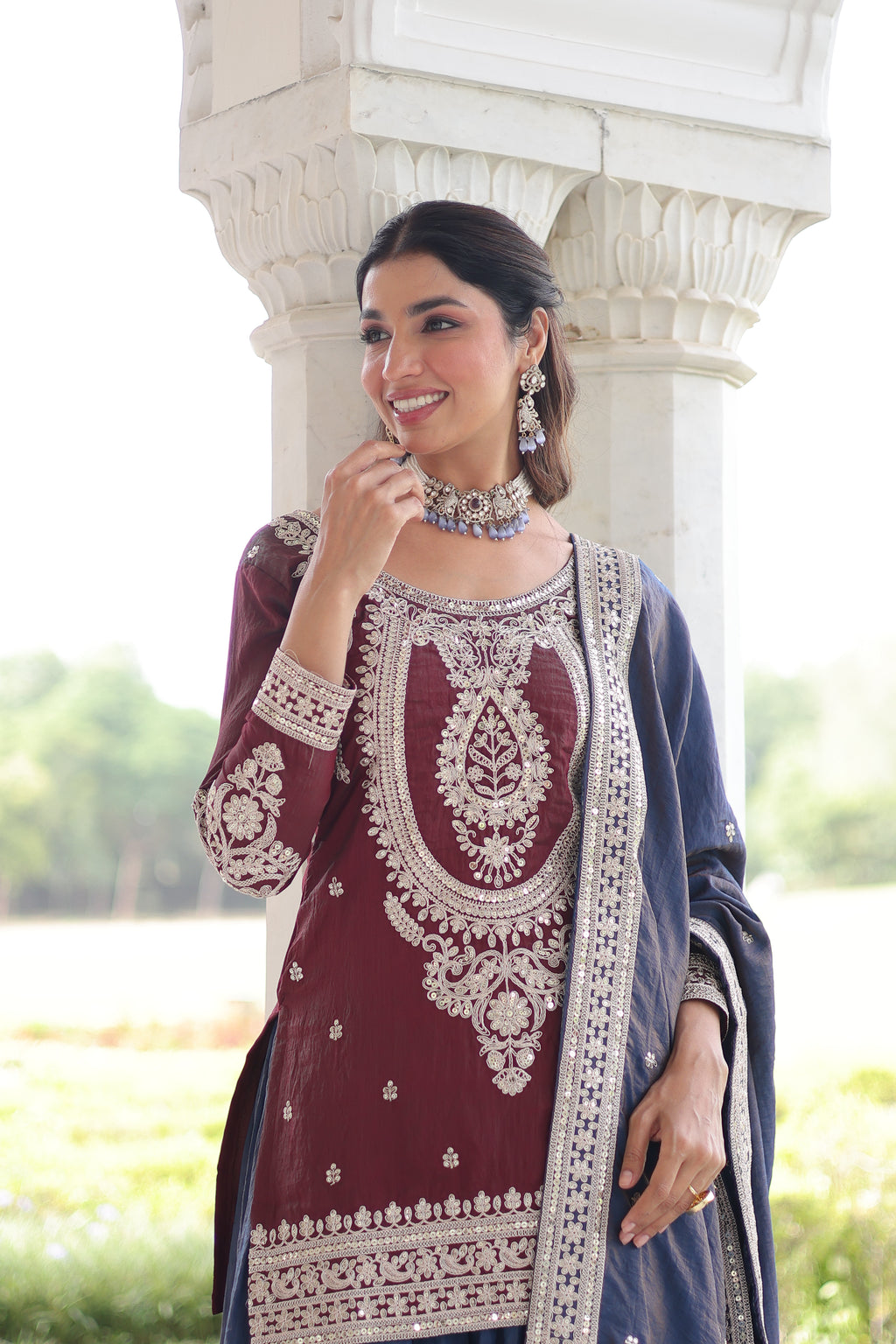 Vyara maroon silk kurti sharara set with sequins codding embroidery
