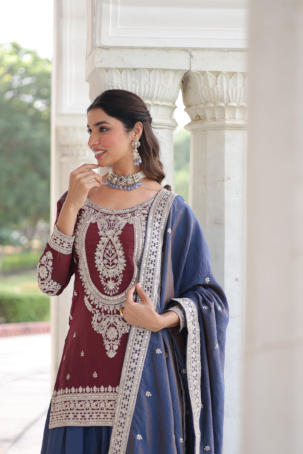 Vyara maroon silk kurti sharara set with sequins codding embroidery