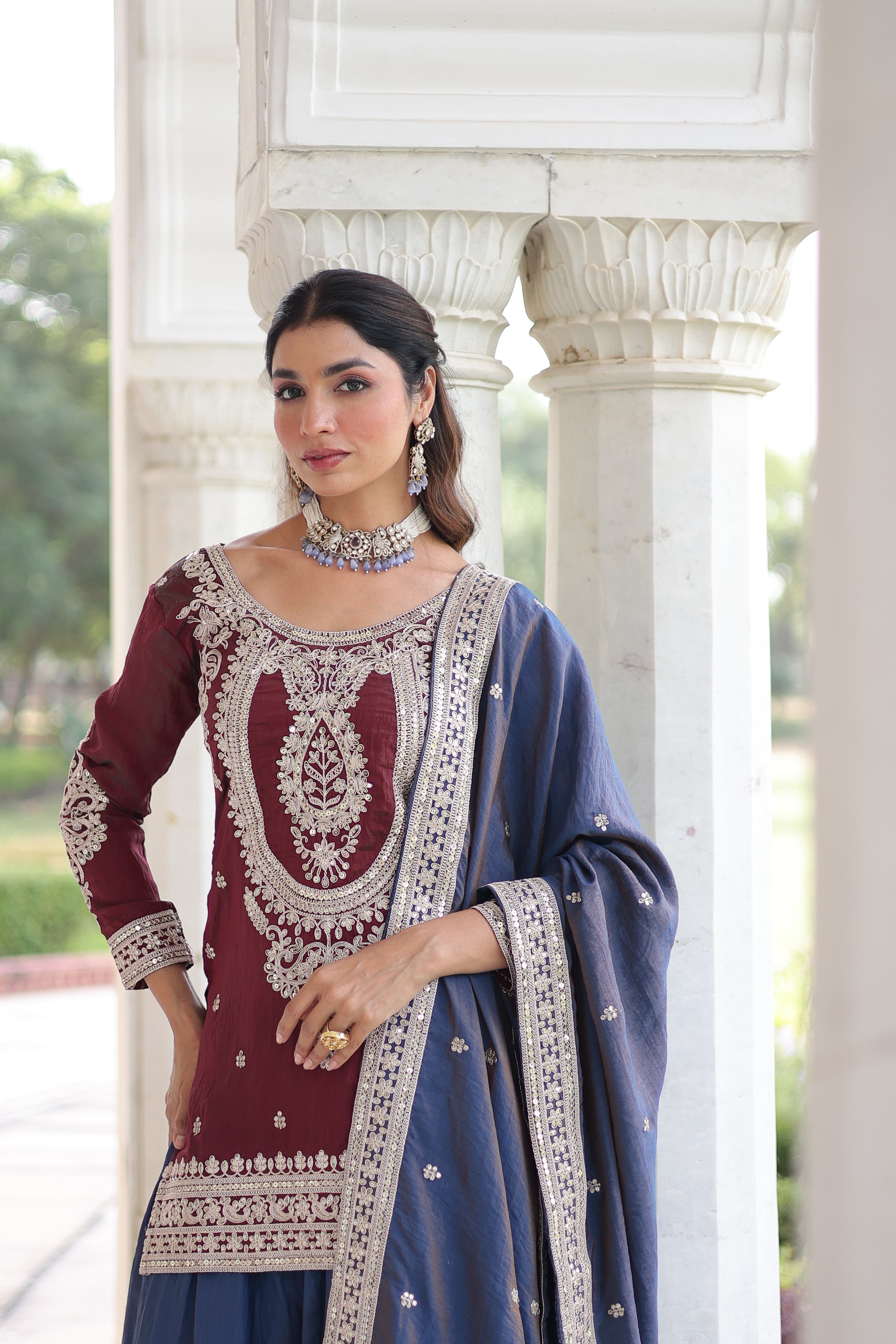 Vyara maroon silk kurti sharara set with sequins codding embroidery