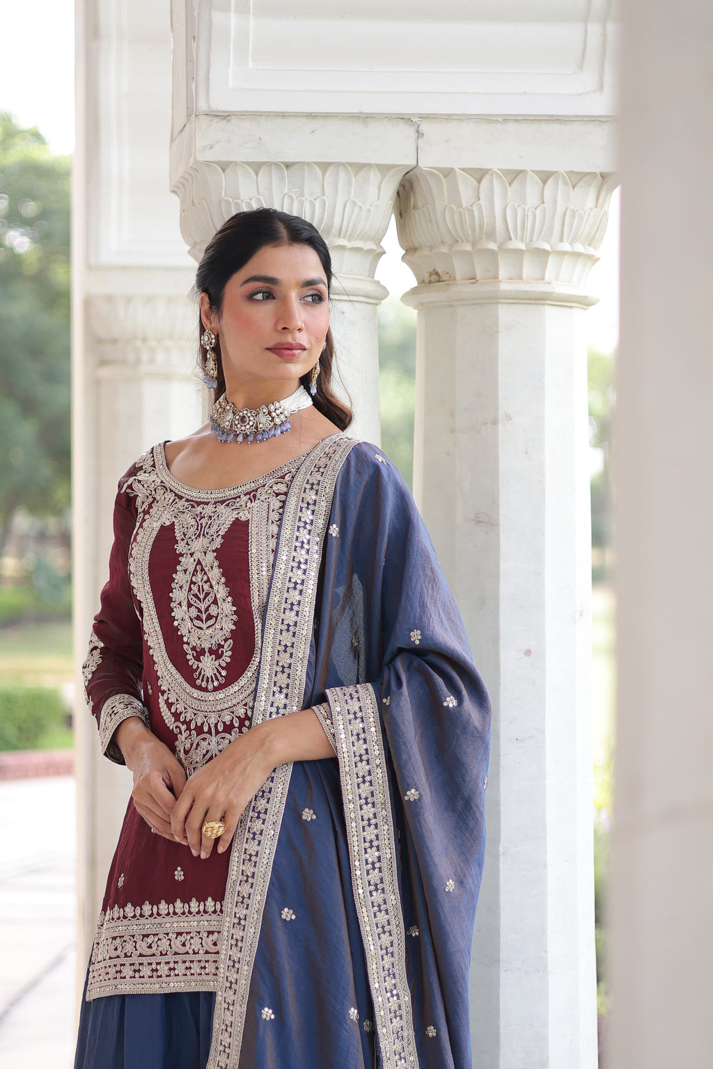 Vyara maroon silk kurti sharara set with sequins codding embroidery