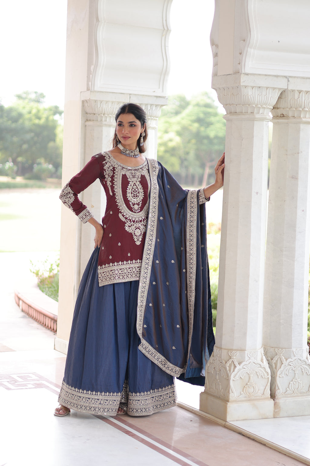 Vyara maroon silk kurti sharara set with sequins codding embroidery