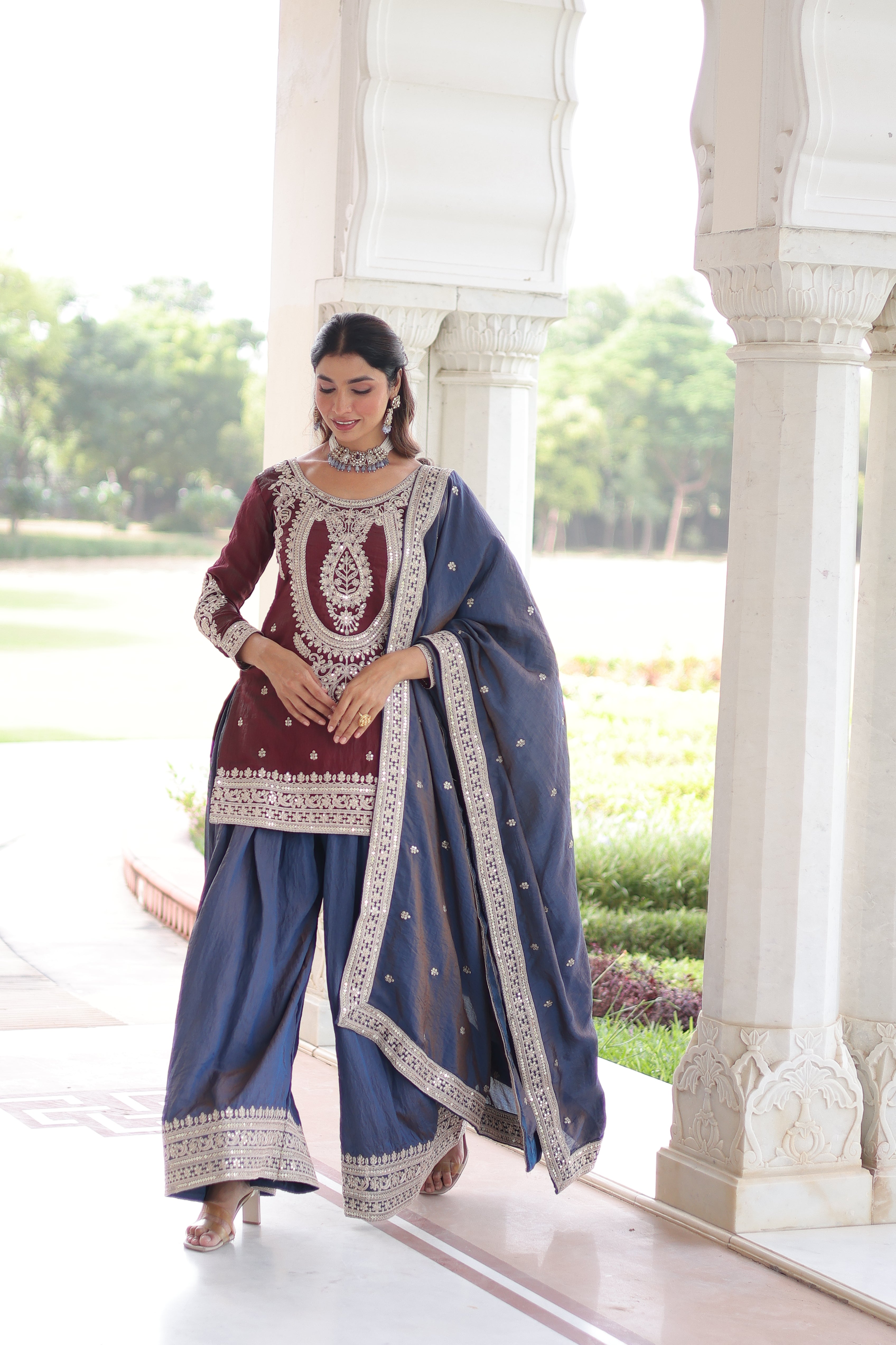 Vyara maroon silk kurti sharara set with sequins codding embroidery