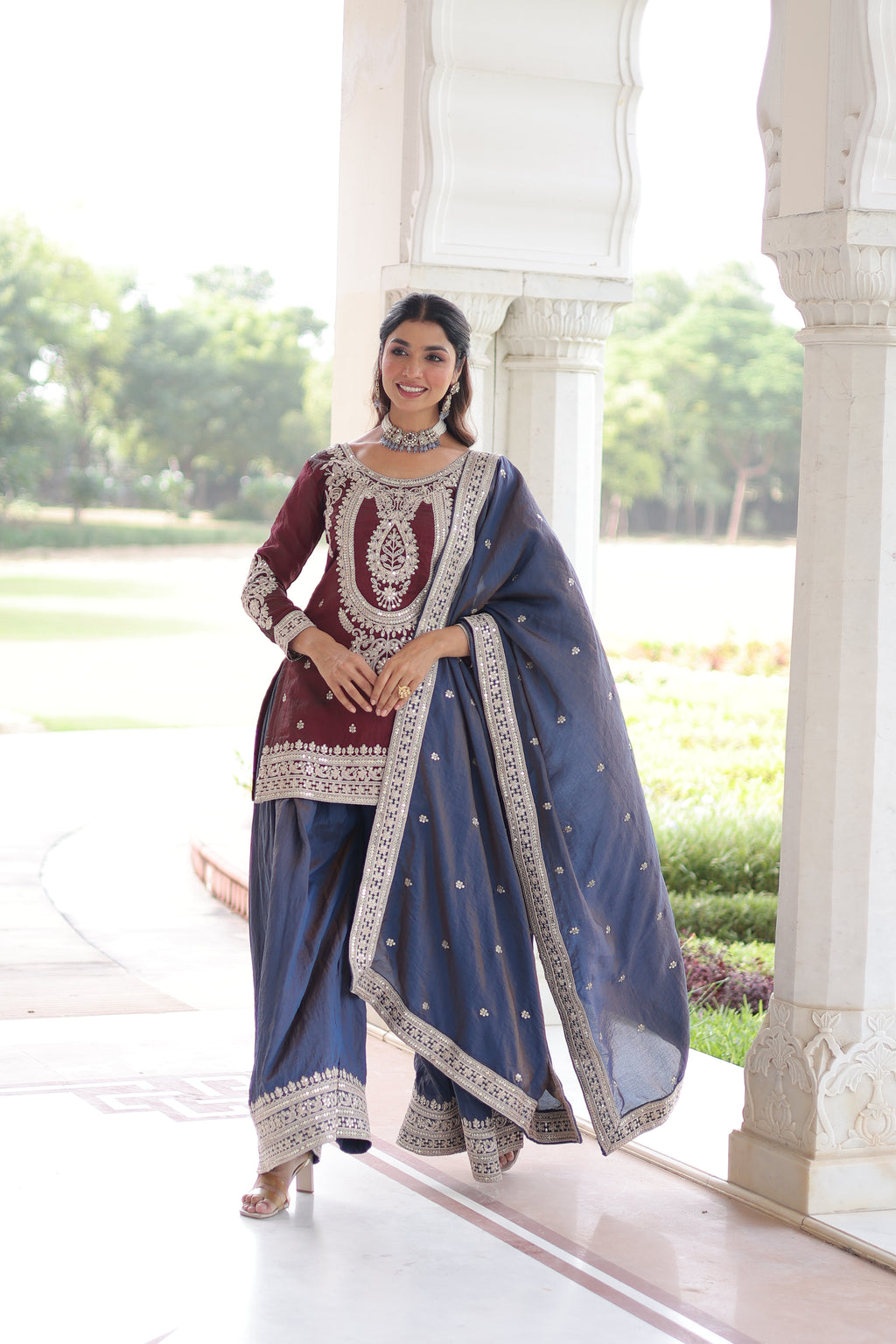 Vyara maroon silk kurti sharara set with sequins codding embroidery
