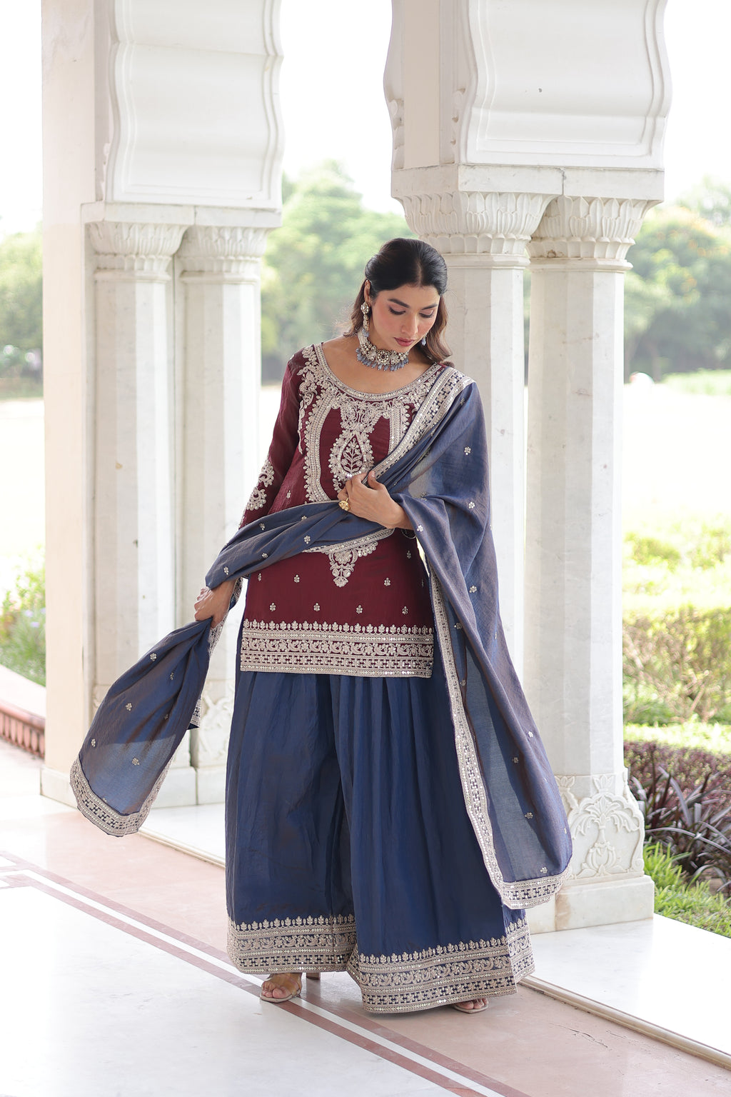 Vyara maroon silk kurti sharara set with sequins codding embroidery