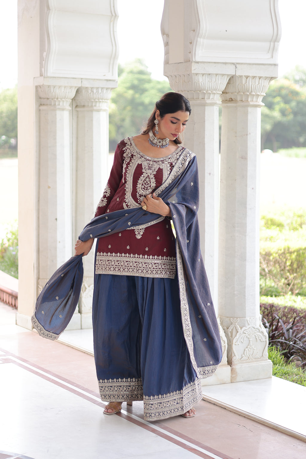 Vyara maroon silk kurti sharara set with sequins codding embroidery