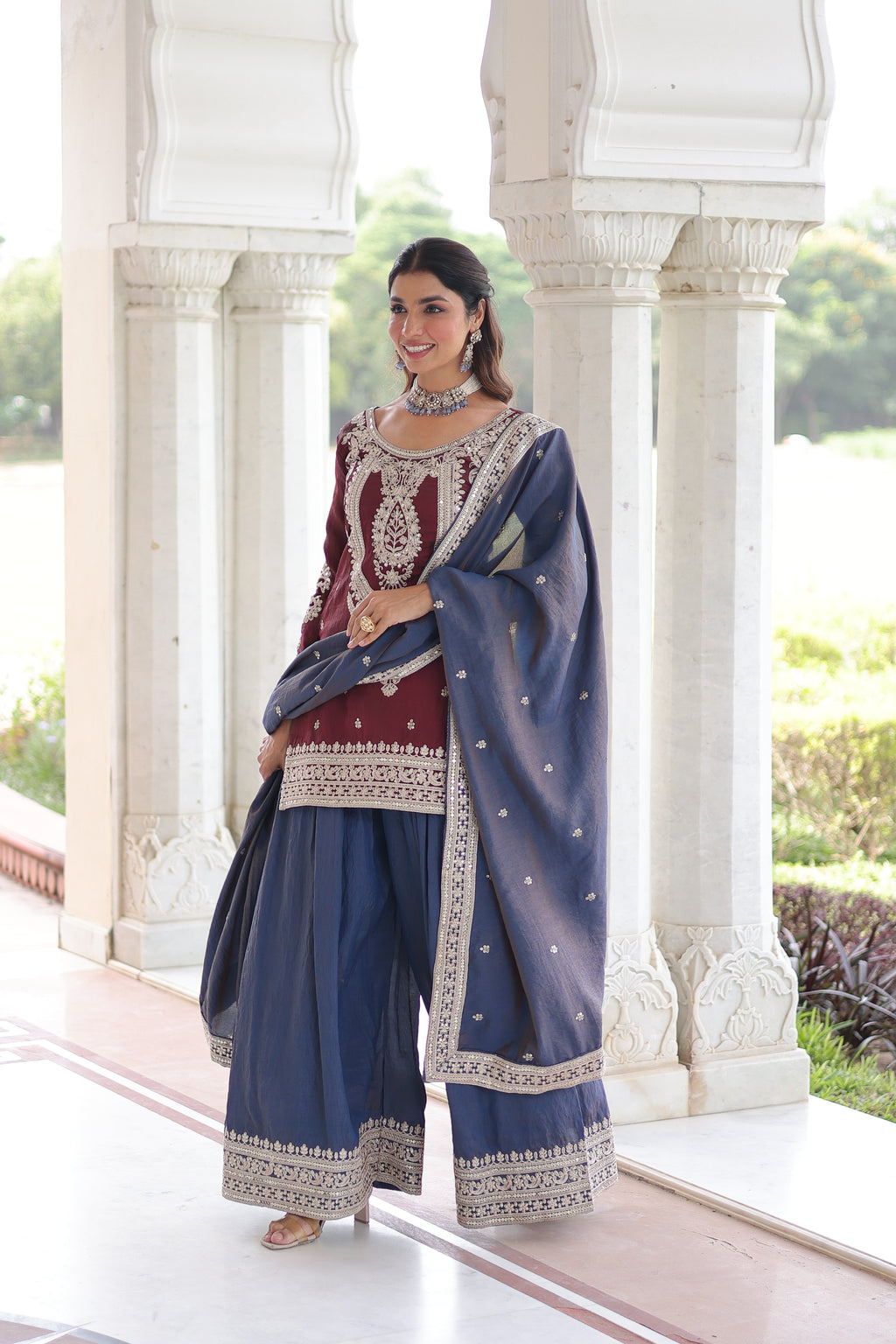 Vyara maroon silk kurti sharara set with sequins codding embroidery