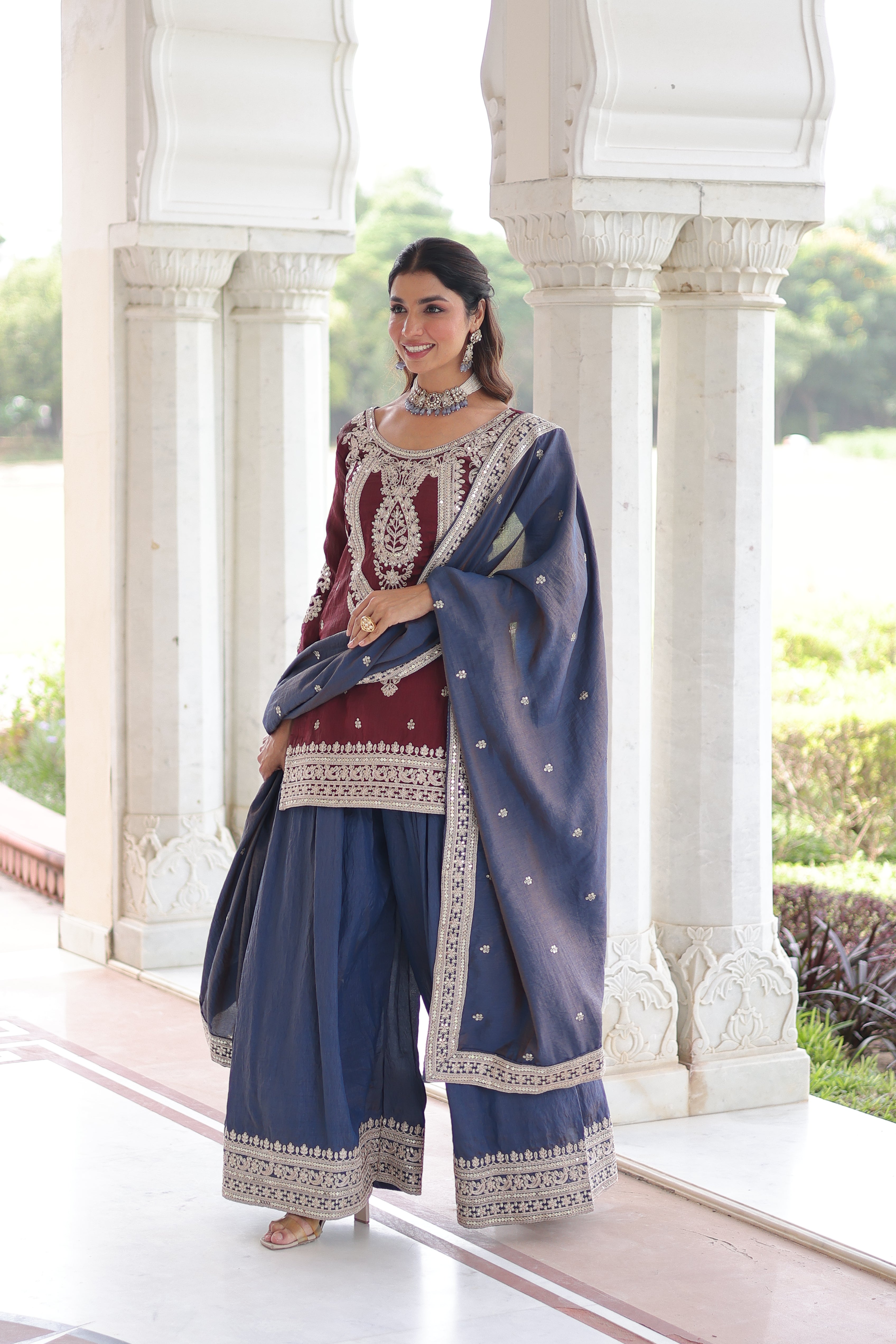 Vyara maroon silk kurti sharara set with sequins codding embroidery
