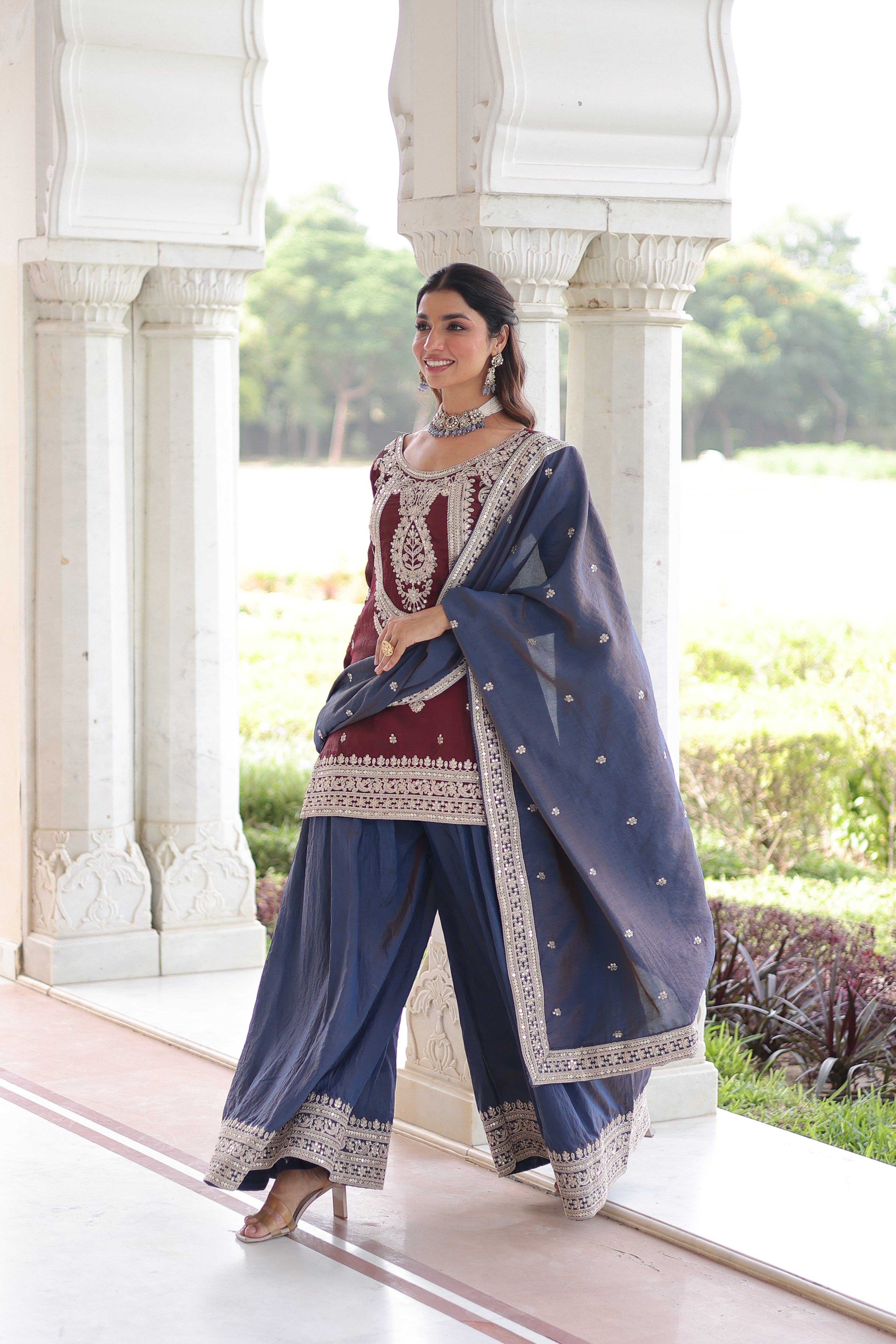 Vyara maroon silk kurti sharara set with sequins codding embroidery