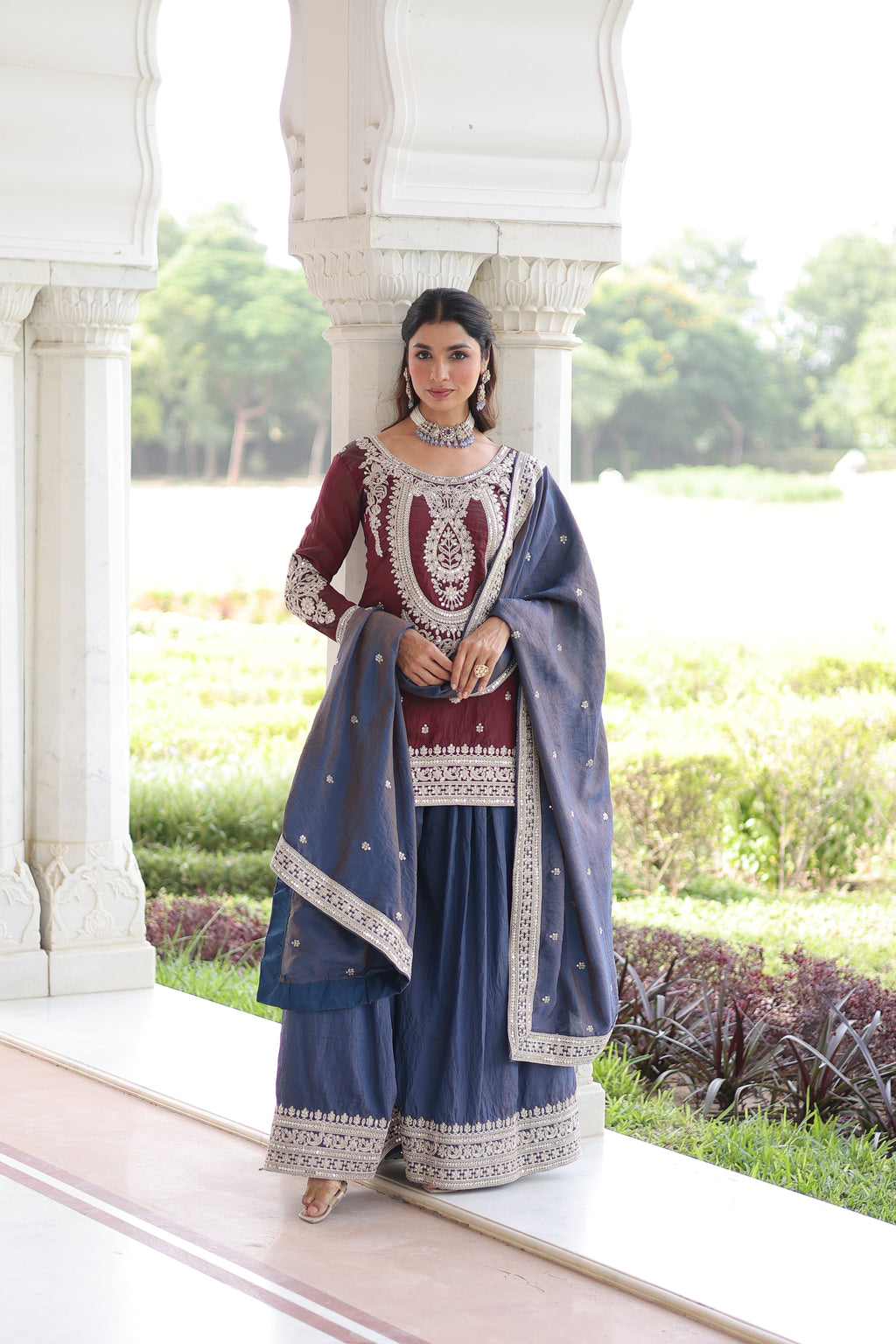 Vyara maroon silk kurti sharara set with sequins codding embroidery