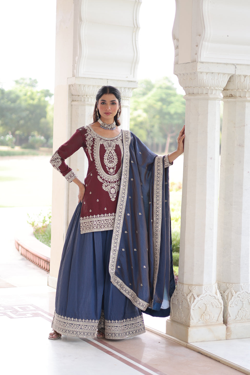 Vyara maroon silk kurti sharara set with sequins codding embroidery