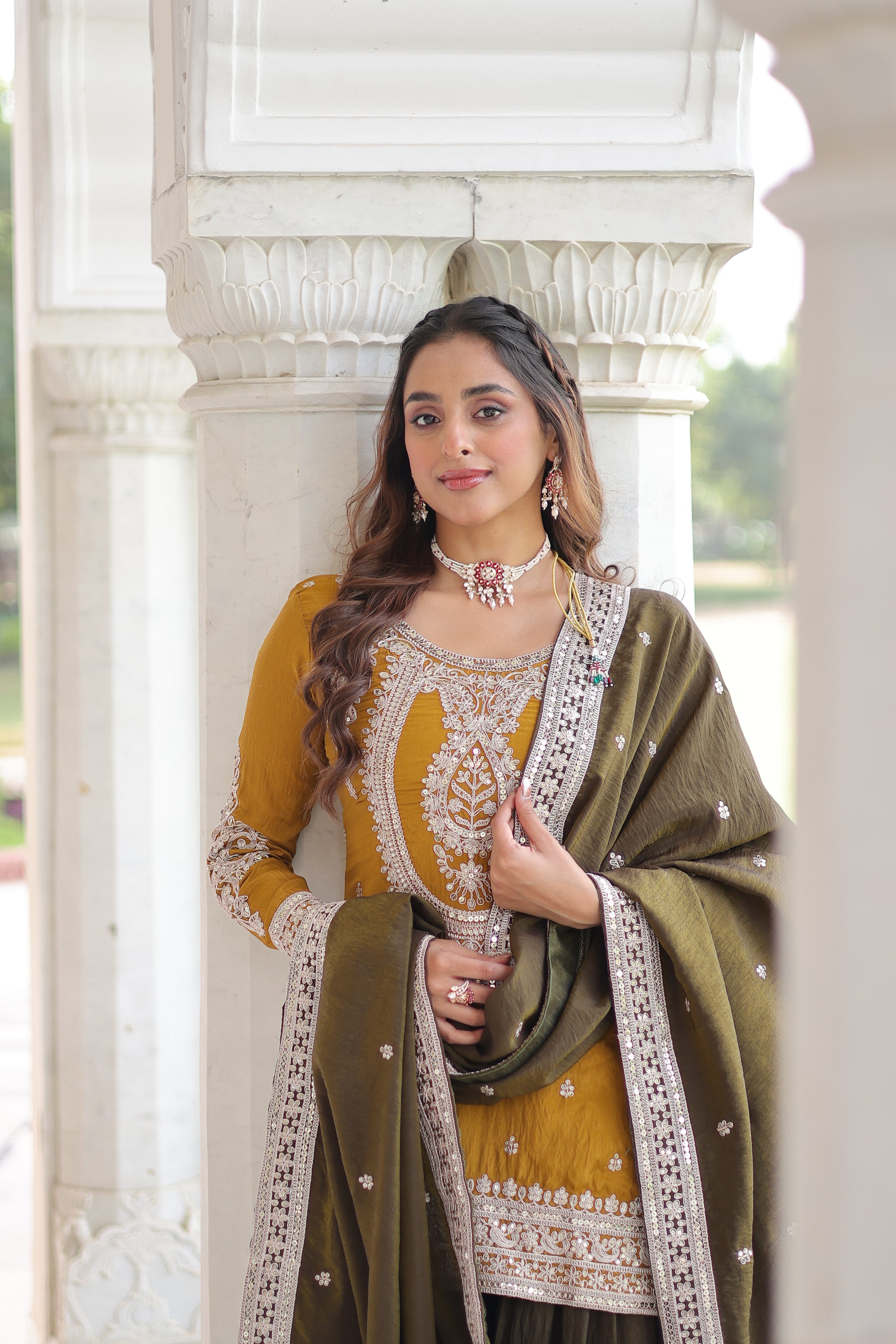 Vyara Yellow Color Silk With
Sequins Codding Embroidered Kurti Sharara Set