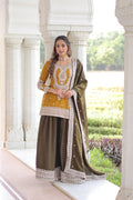 Vyara Yellow Color Silk With
Sequins Codding Embroidered Kurti Sharara Set