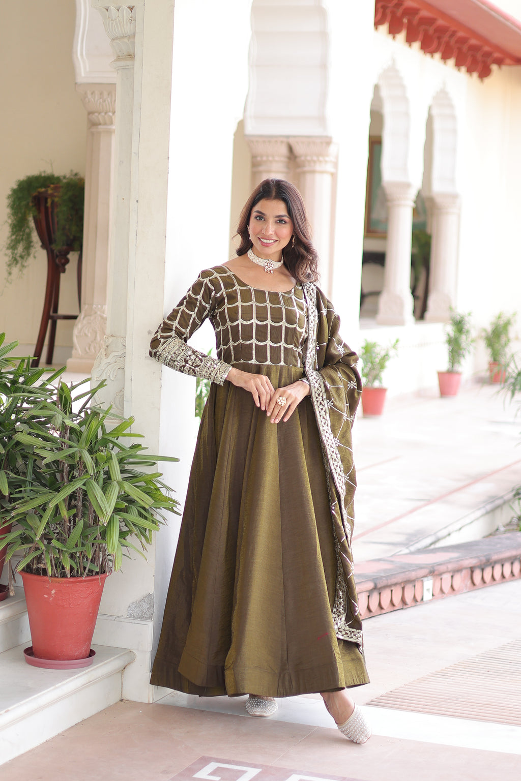 Navira Mehendi Color Vichitra Silk Rich Sequins Zari Embroidered Gown with Dupatta