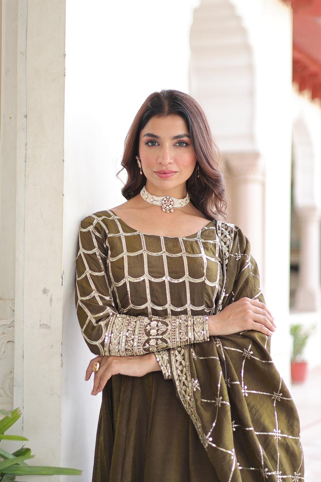 Navira Mehendi Color Vichitra Silk Rich Sequins Zari Embroidered Gown with Dupatta