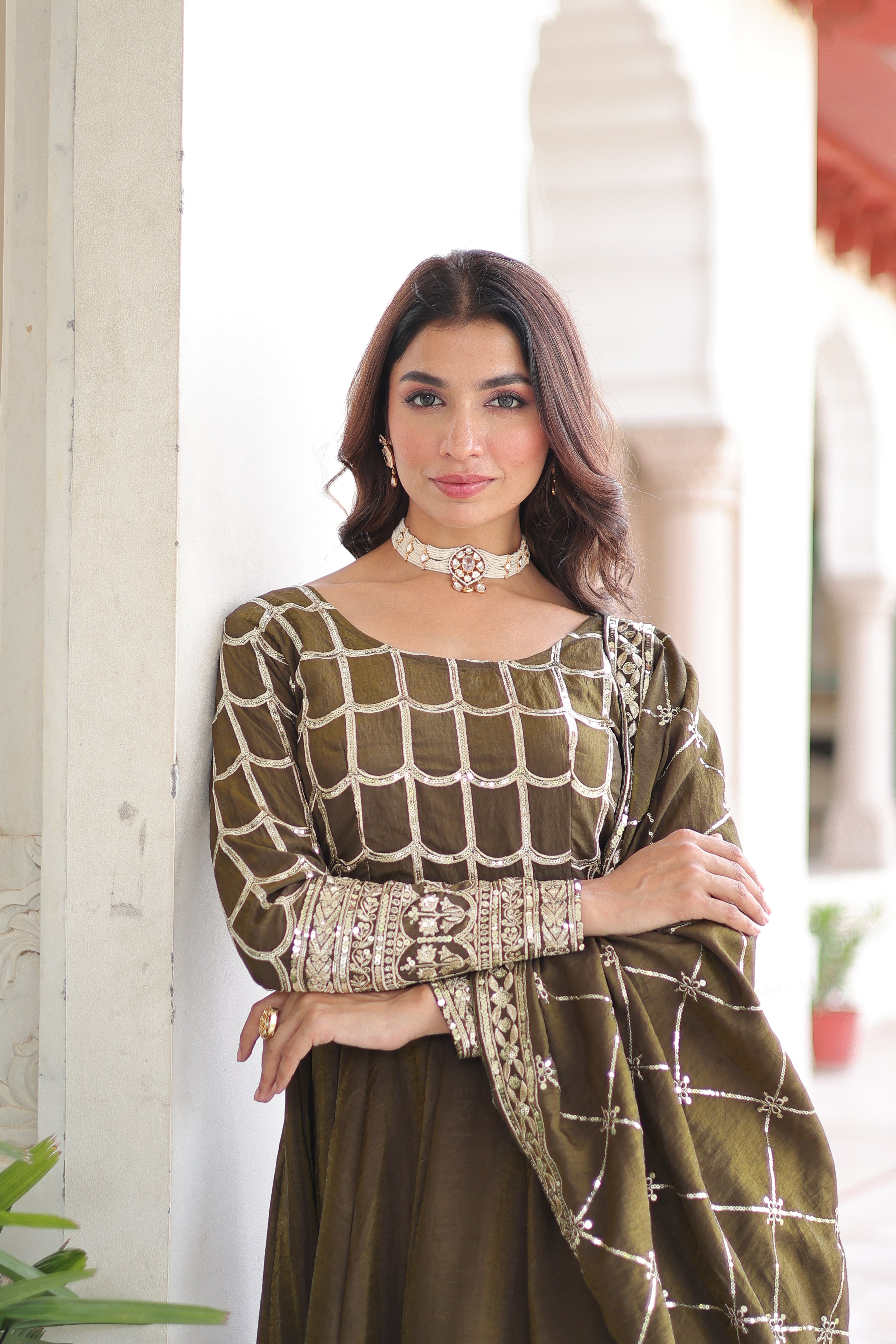 Navira Mehendi Color Vichitra Silk Rich Sequins Zari Embroidered Gown with Dupatta