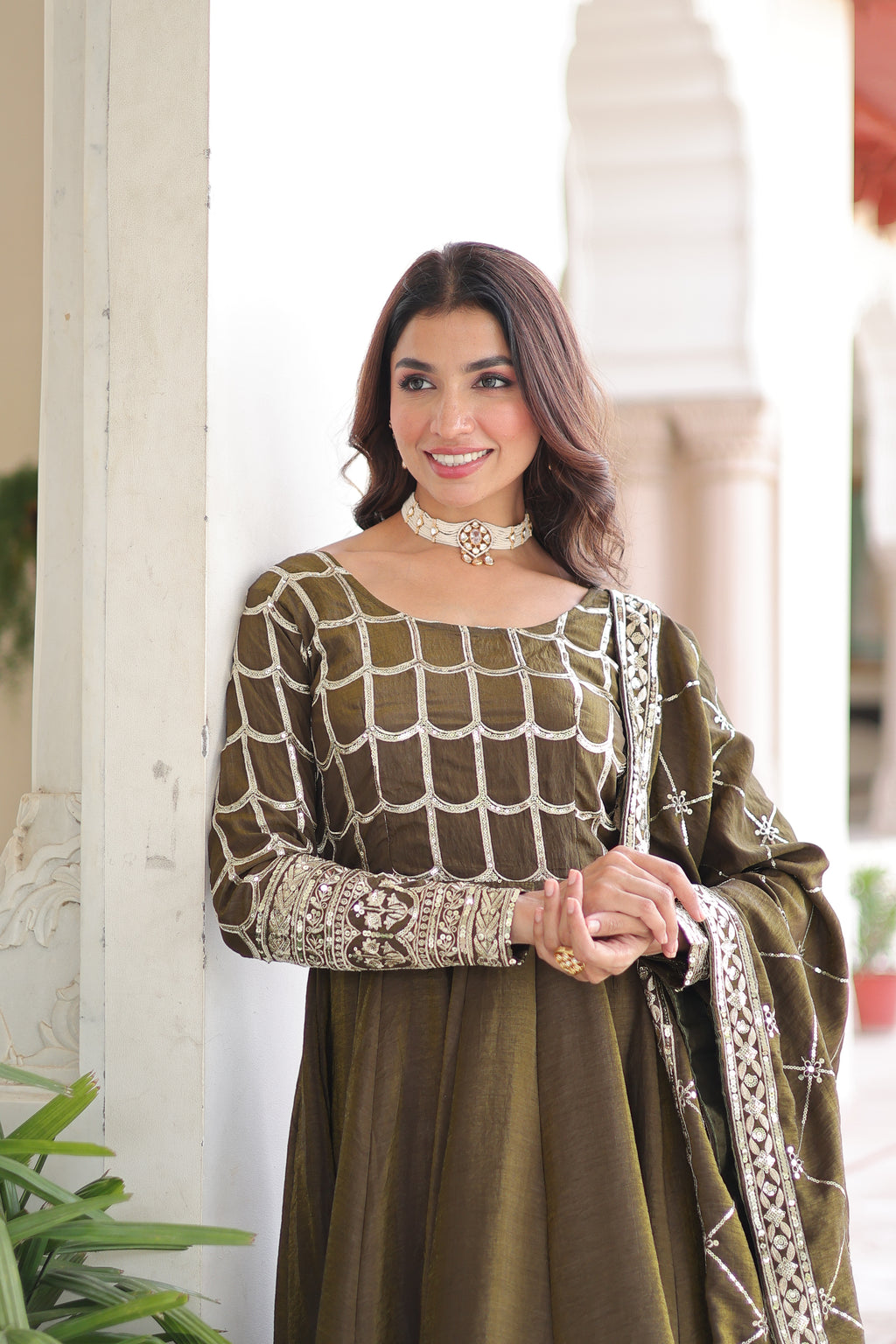 Navira Mehendi Color Vichitra Silk Rich Sequins Zari Embroidered Gown with Dupatta