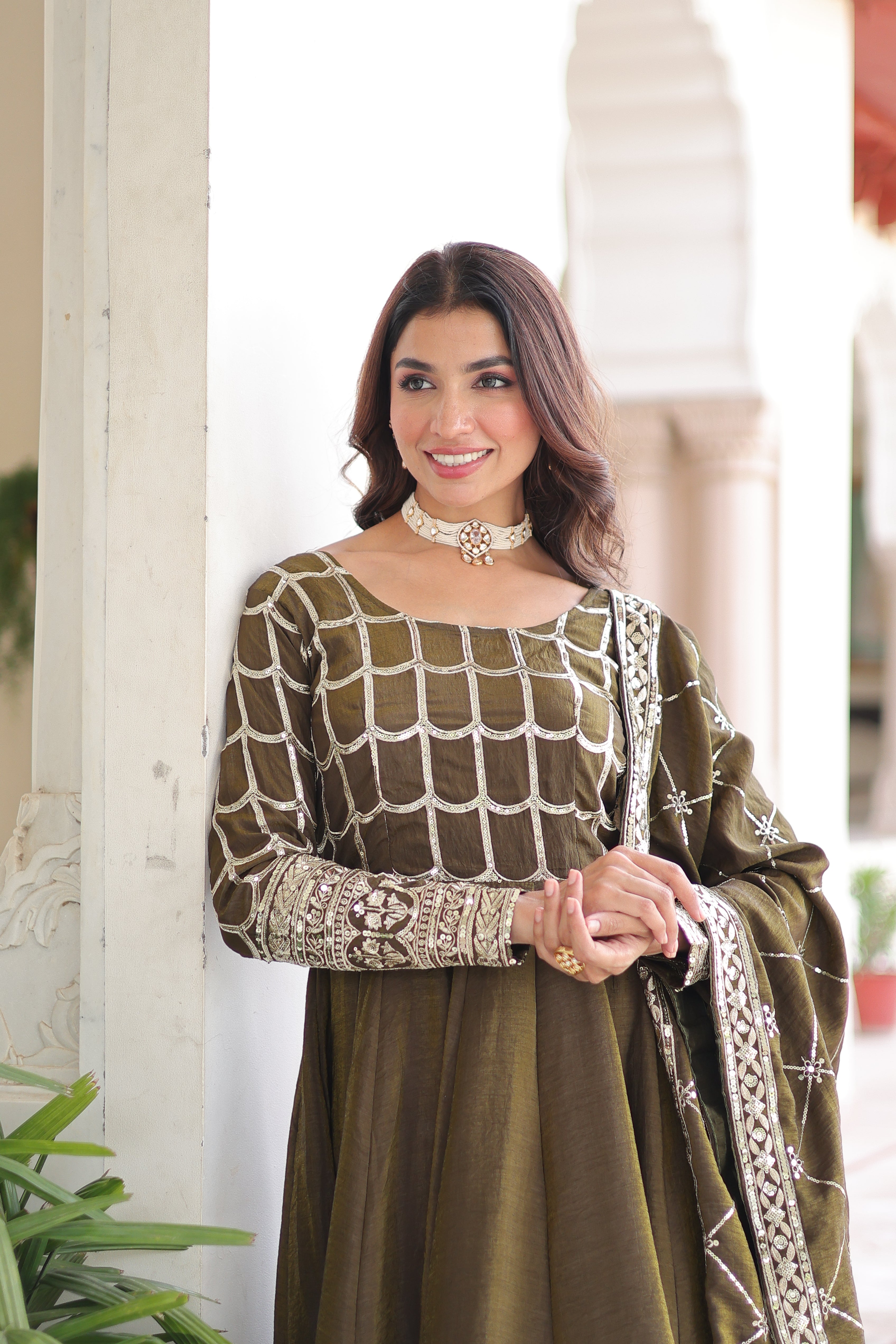 Navira Mehendi Color Vichitra Silk Rich Sequins Zari Embroidered Gown with Dupatta