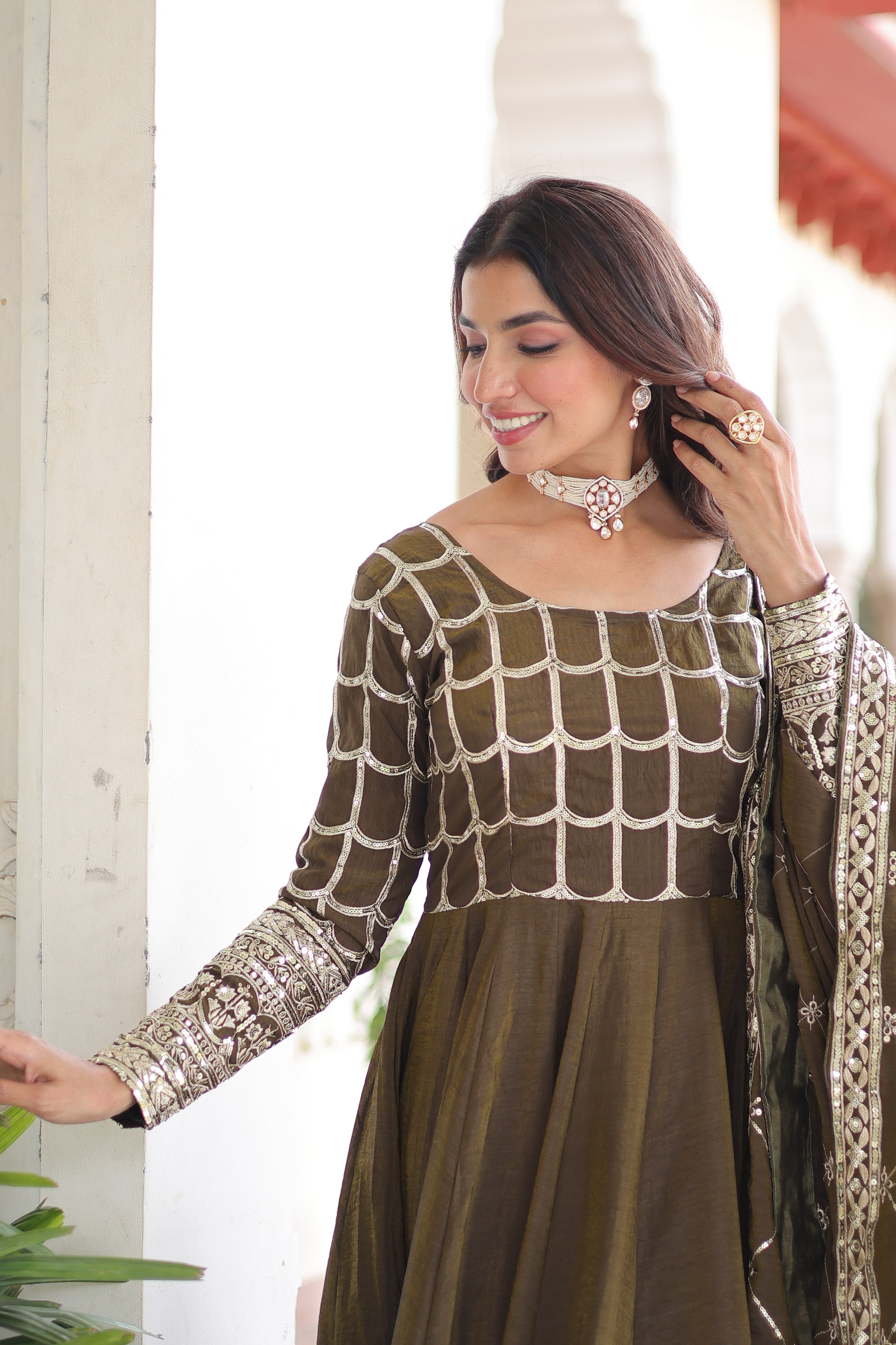 Navira Mehendi Color Vichitra Silk Rich Sequins Zari Embroidered Gown with Dupatta