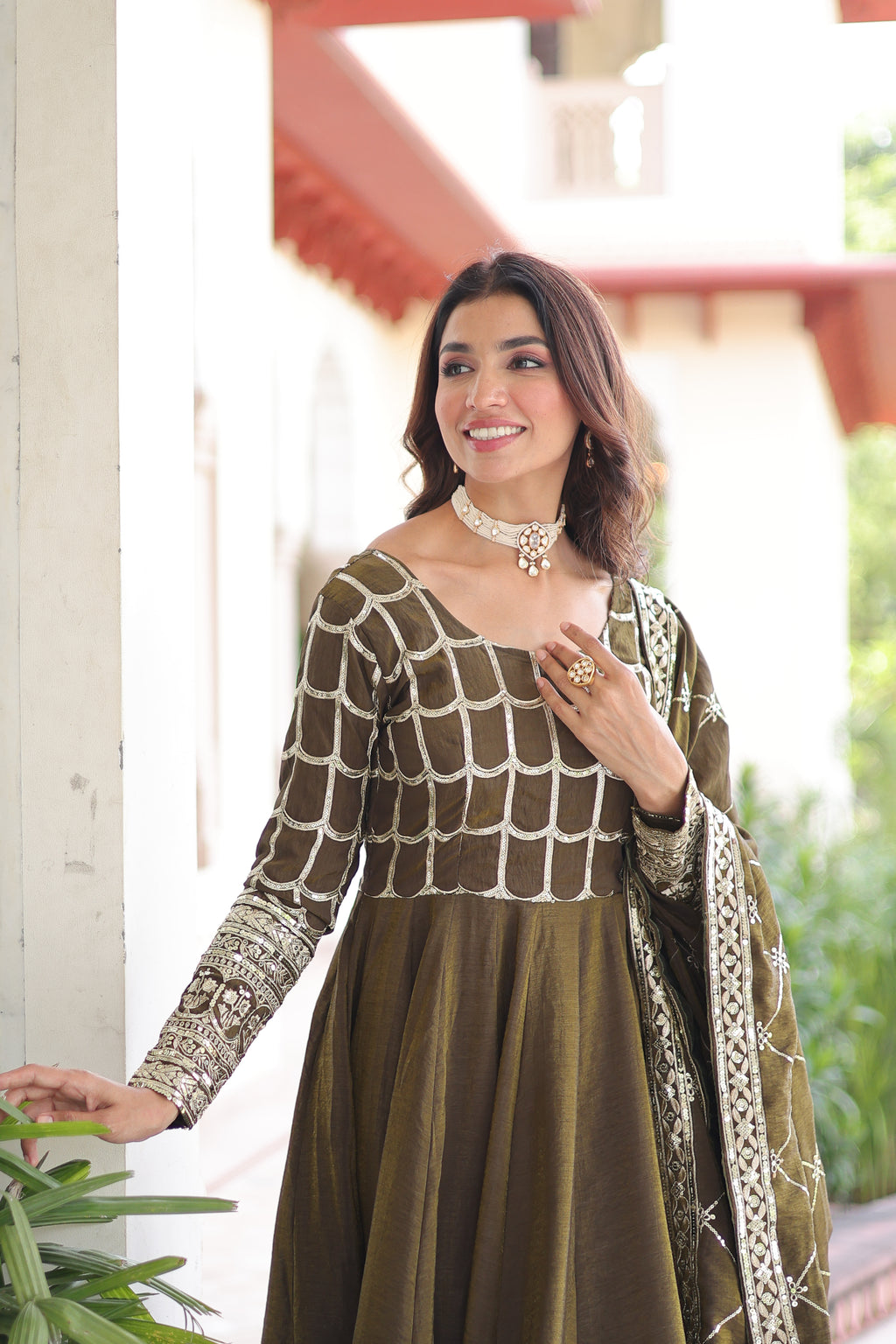 Navira Mehendi Color Vichitra Silk Rich Sequins Zari Embroidered Gown with Dupatta