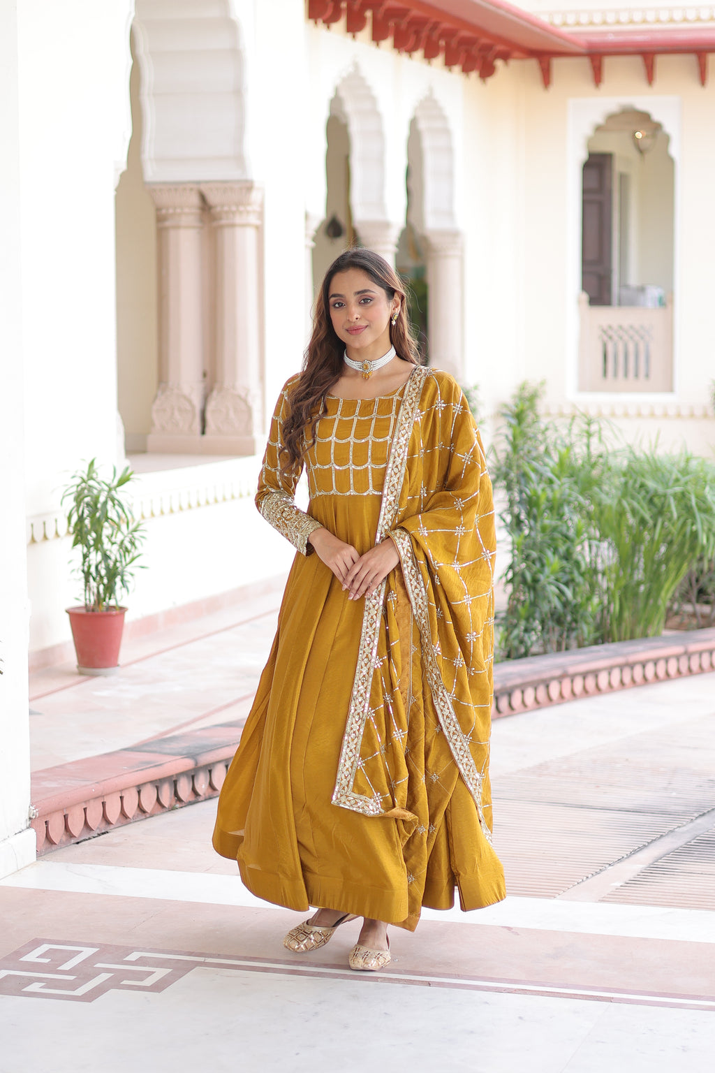 Navira Mustard Yellow Vichitra Silk Rich Sequins Zari Embroidered Gown with Dupatta