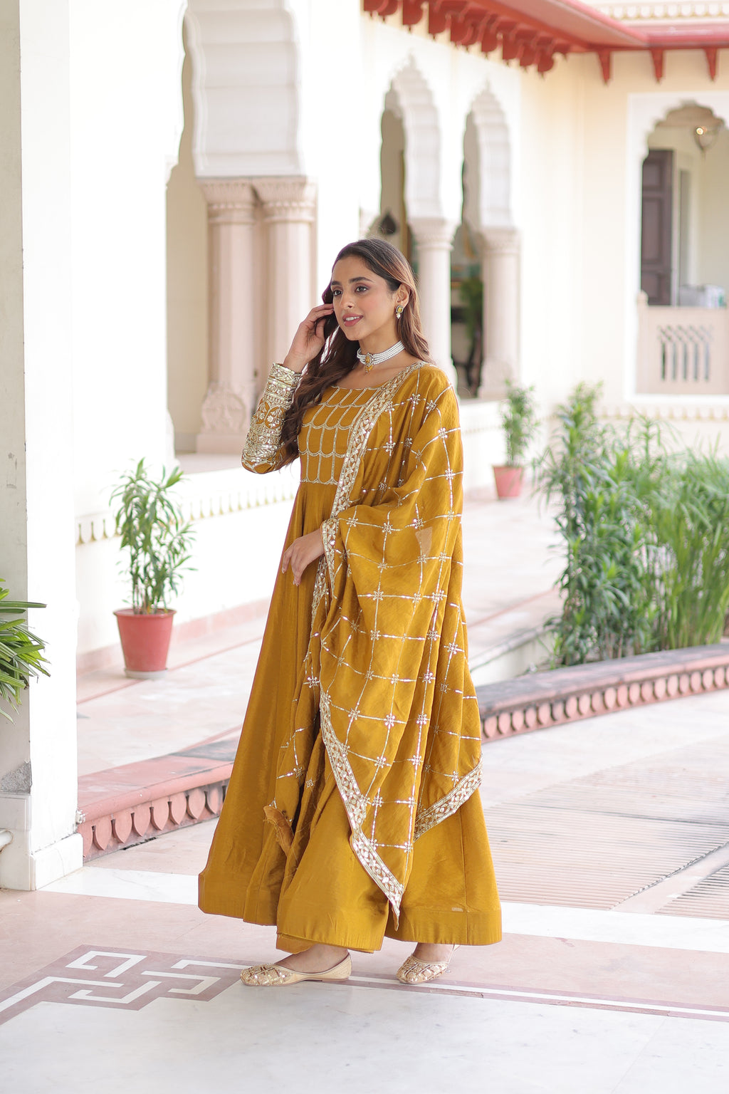 Navira Mustard Yellow Vichitra Silk Rich Sequins Zari Embroidered Gown with Dupatta