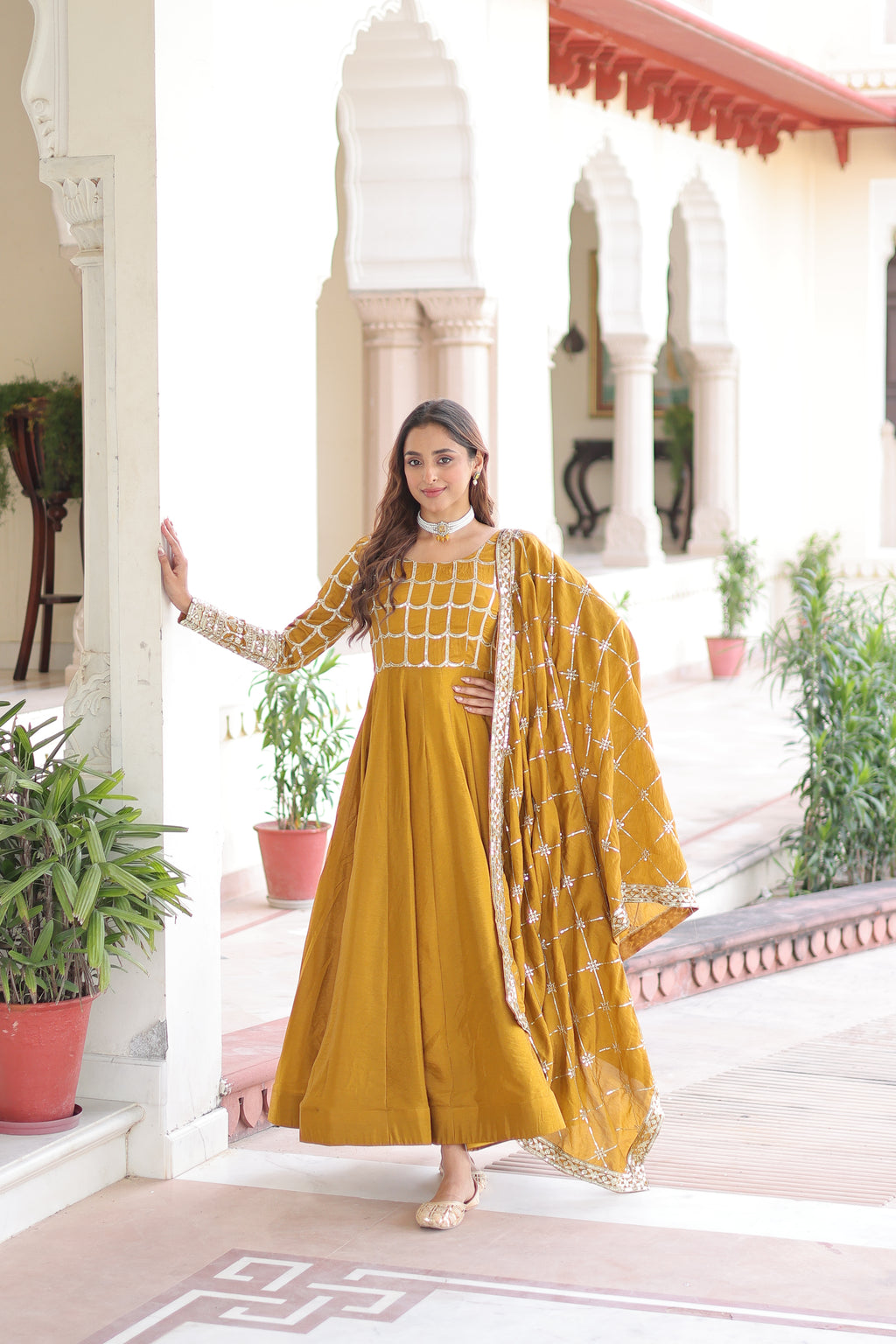 Navira Mustard Yellow Vichitra Silk Rich Sequins Zari Embroidered Gown with Dupatta