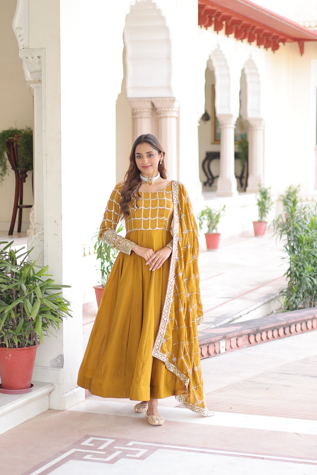 Navira Mustard Yellow Vichitra Silk Rich Sequins Zari Embroidered Gown with Dupatta