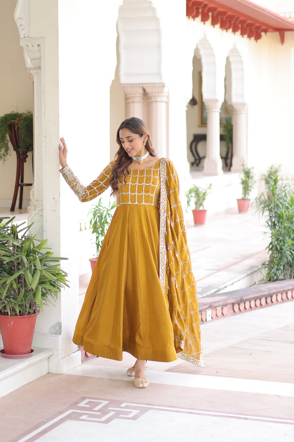 Navira Mustard Yellow Vichitra Silk Rich Sequins Zari Embroidered Gown with Dupatta