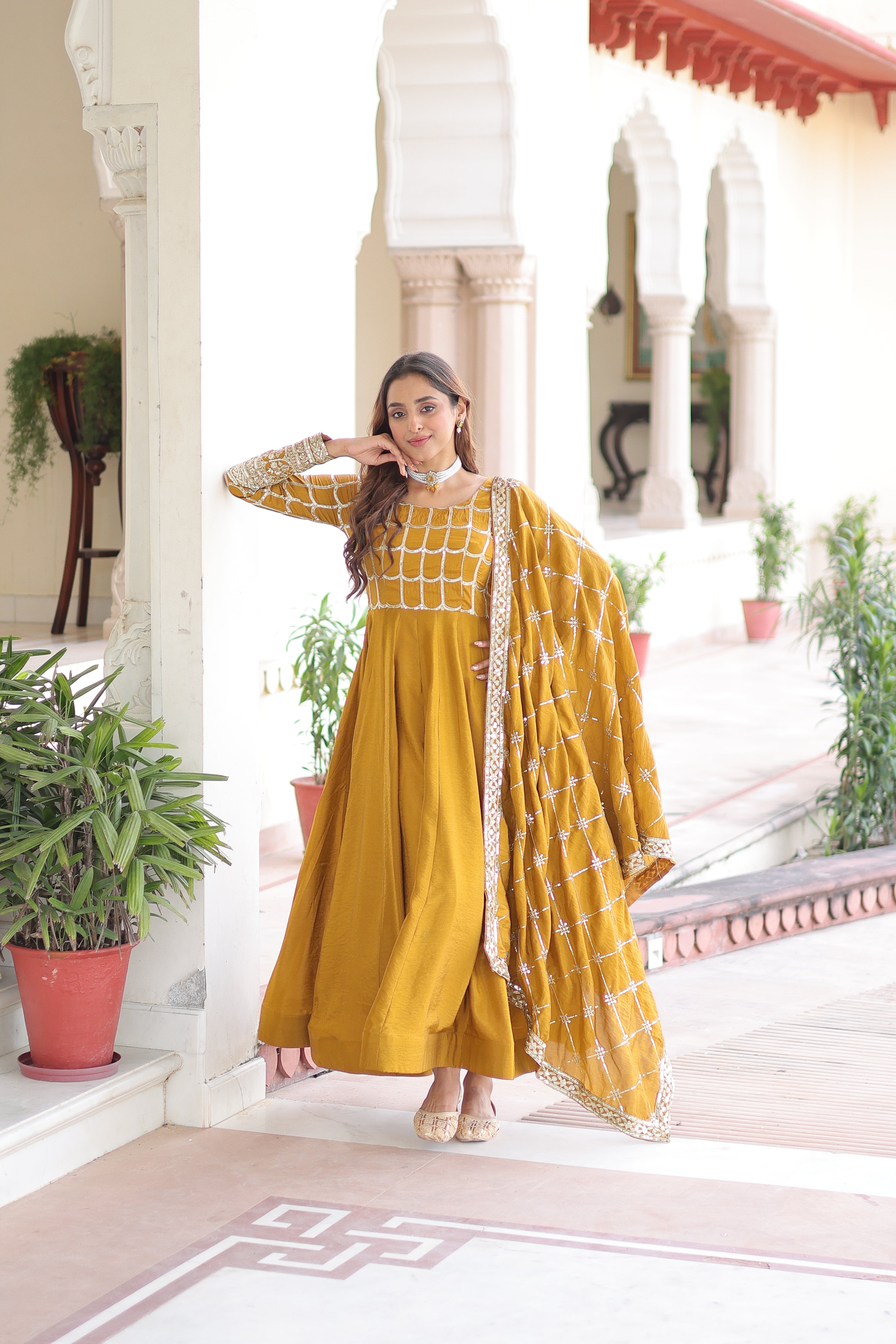 Navira Mustard Yellow Vichitra Silk Rich Sequins Zari Embroidered Gown with Dupatta