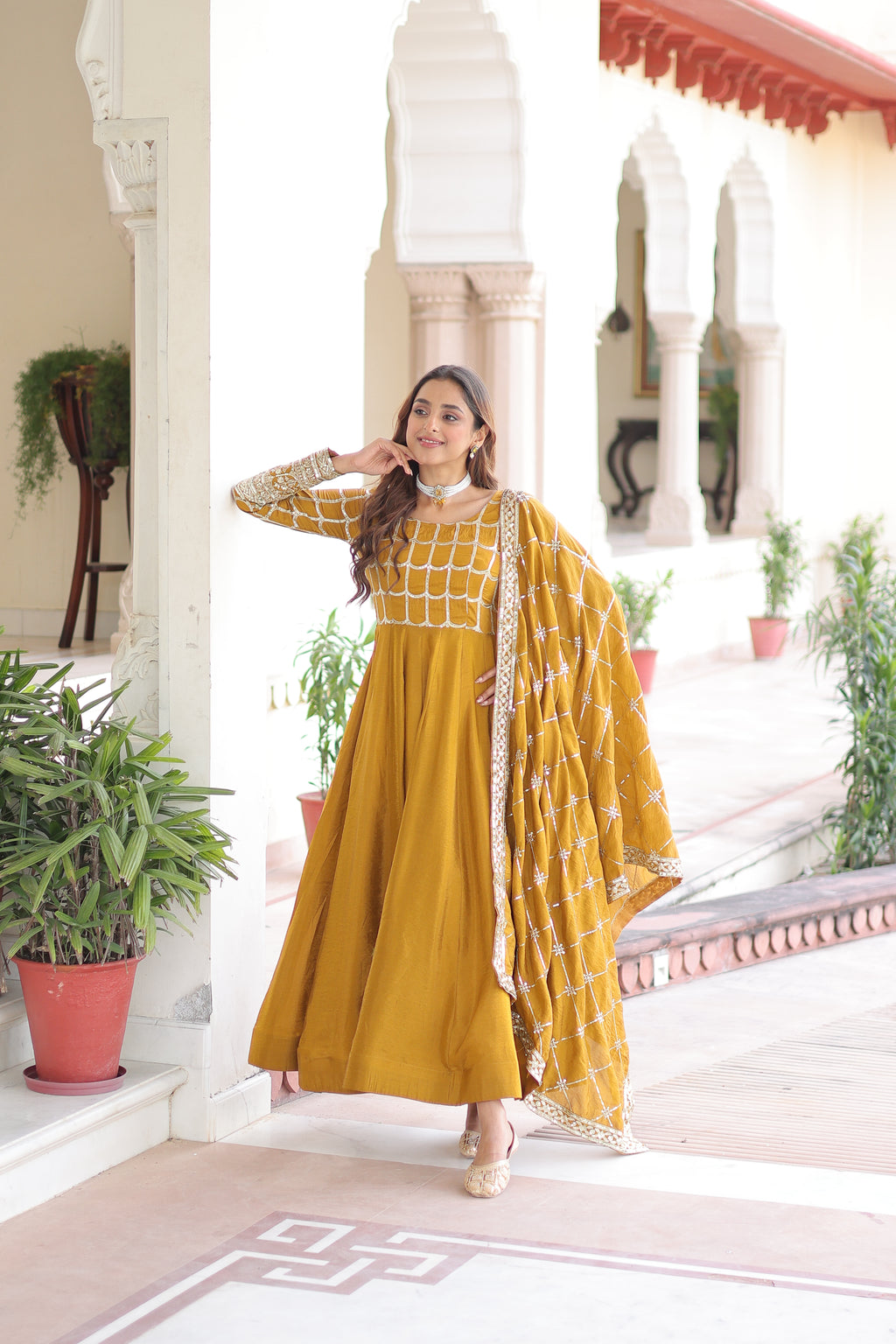 Navira Mustard Yellow Vichitra Silk Rich Sequins Zari Embroidered Gown with Dupatta