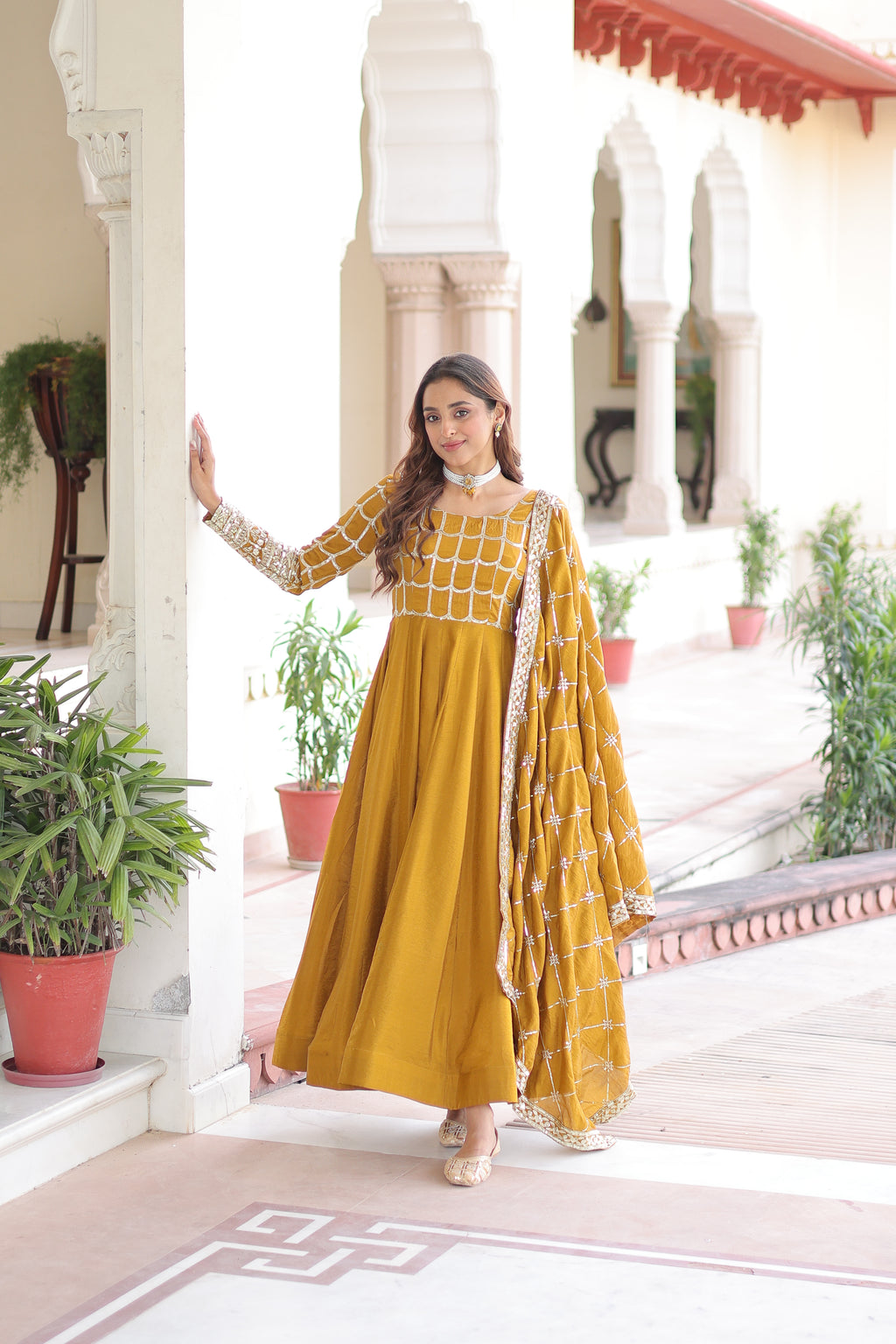 Navira Mustard Yellow Vichitra Silk Rich Sequins Zari Embroidered Gown with Dupatta