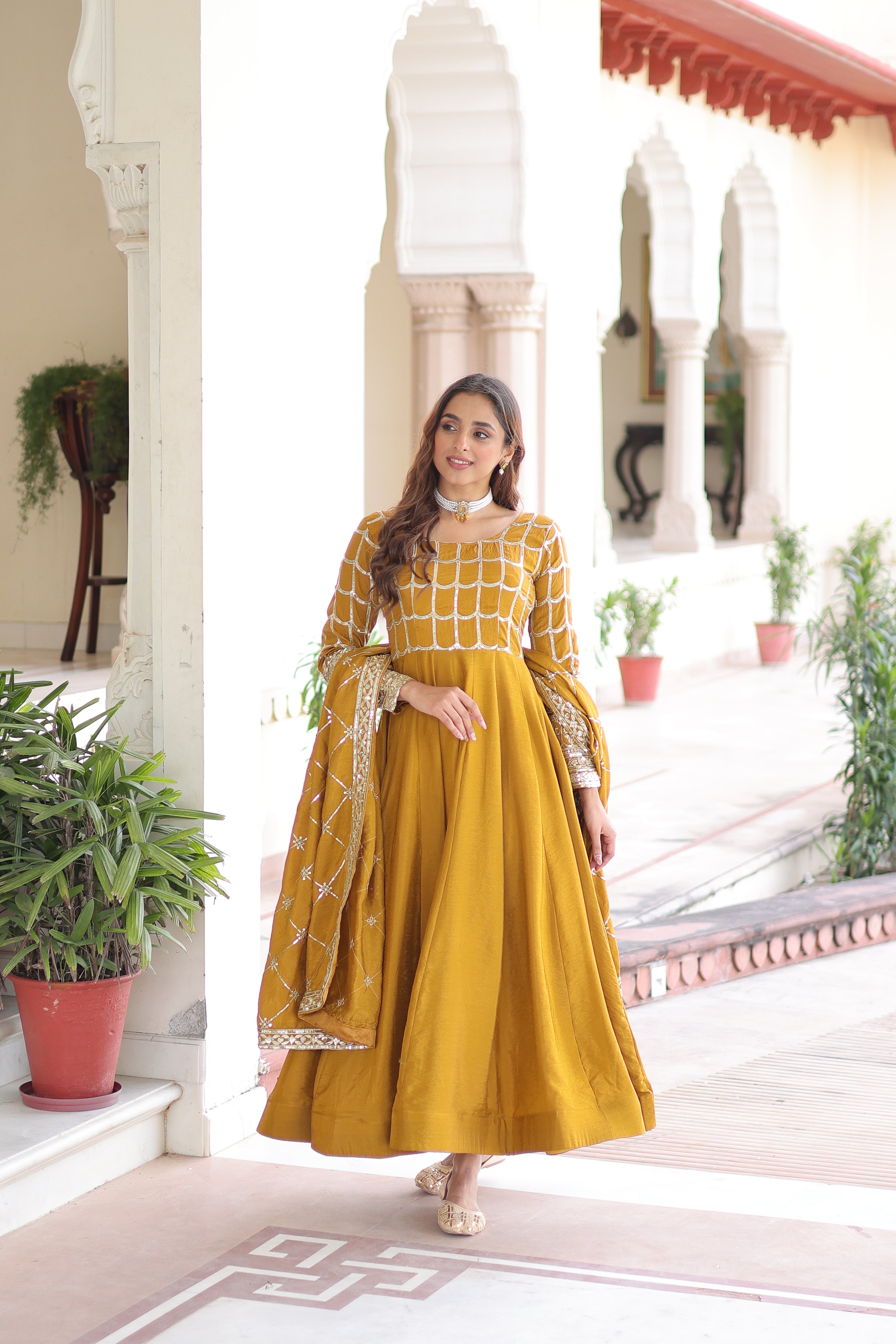 Navira Mustard Yellow Vichitra Silk Rich Sequins Zari Embroidered Gown with Dupatta
