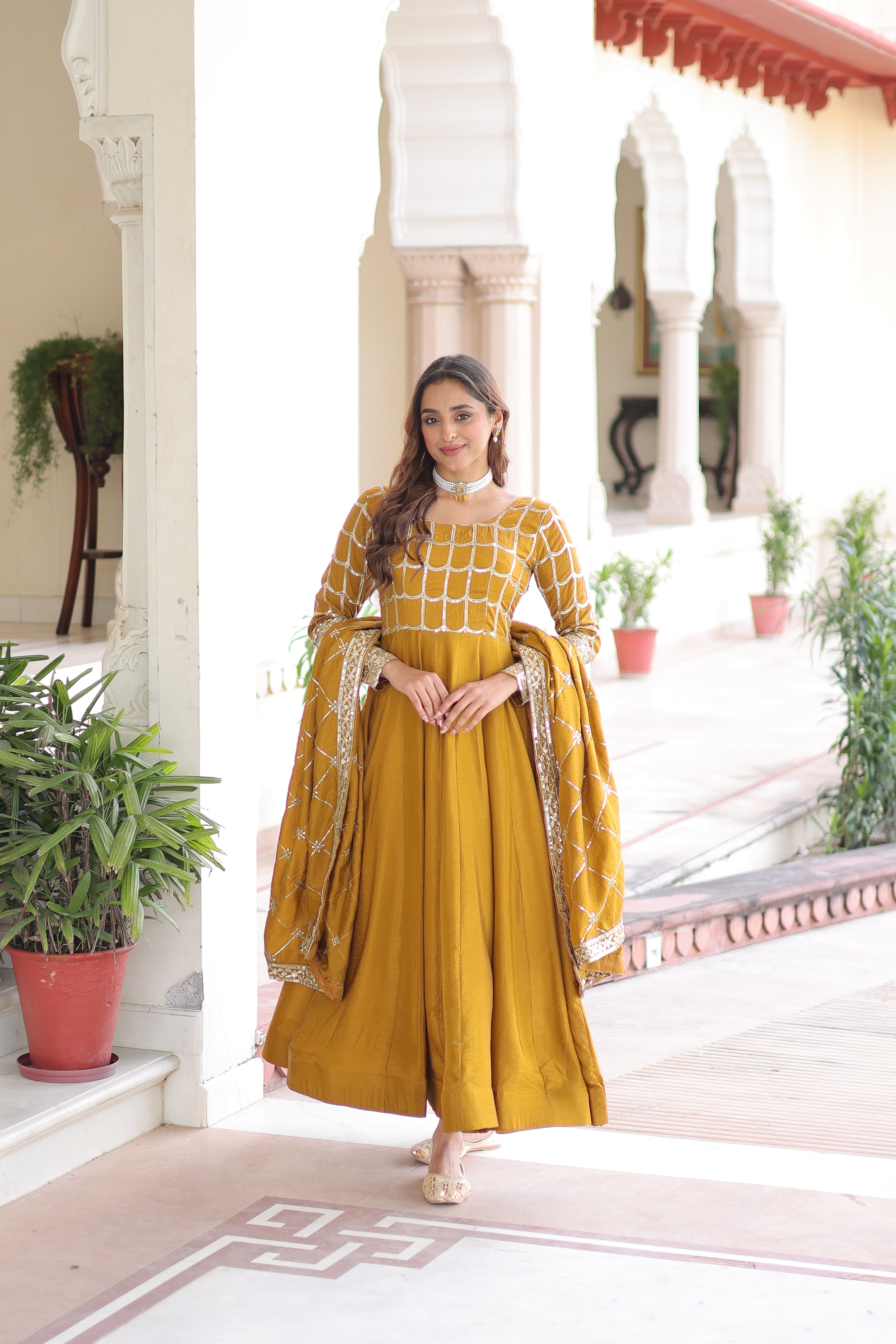 Navira Mustard Yellow Vichitra Silk Rich Sequins Zari Embroidered Gown with Dupatta