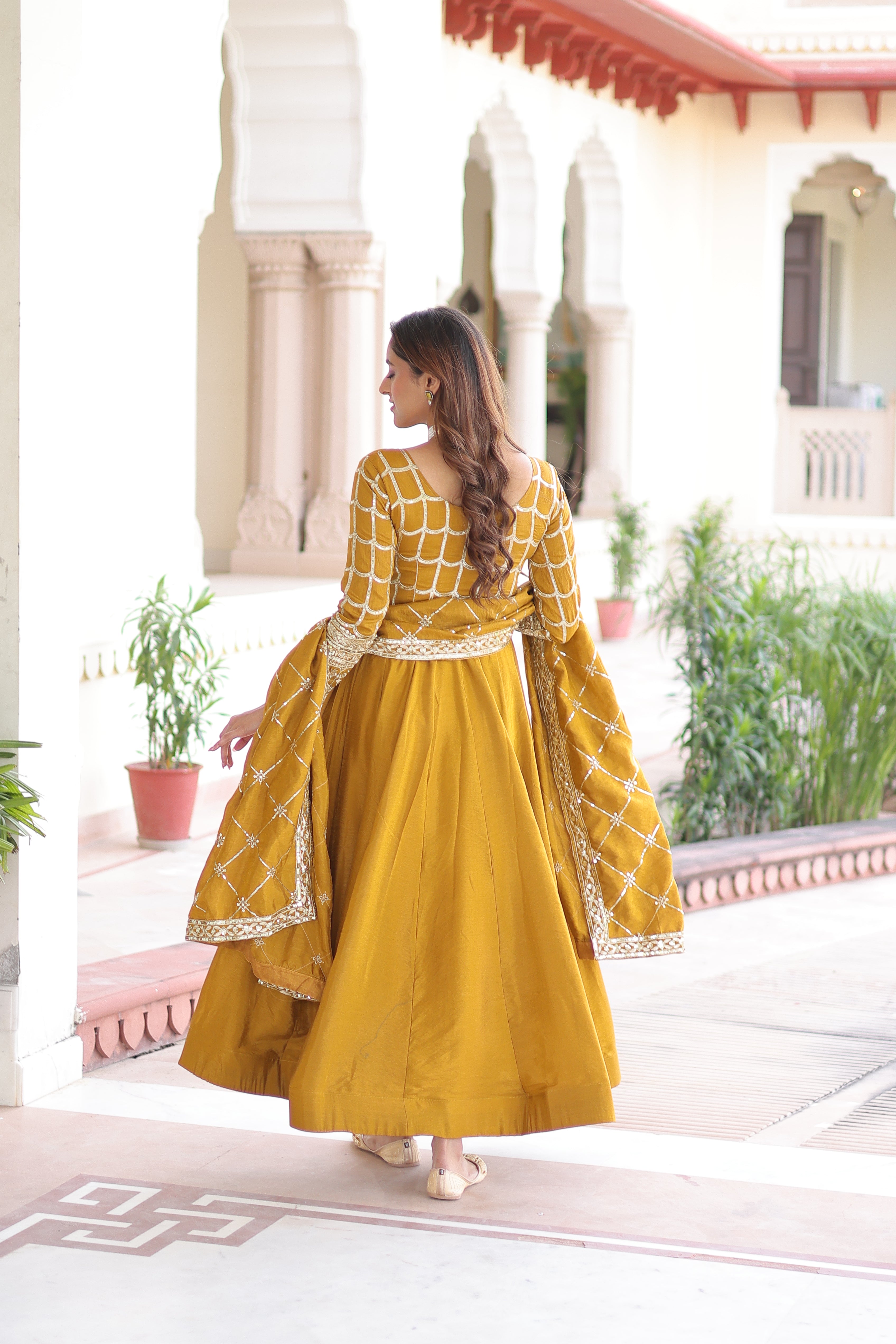 Navira Mustard Yellow Vichitra Silk Rich Sequins Zari Embroidered Gown with Dupatta