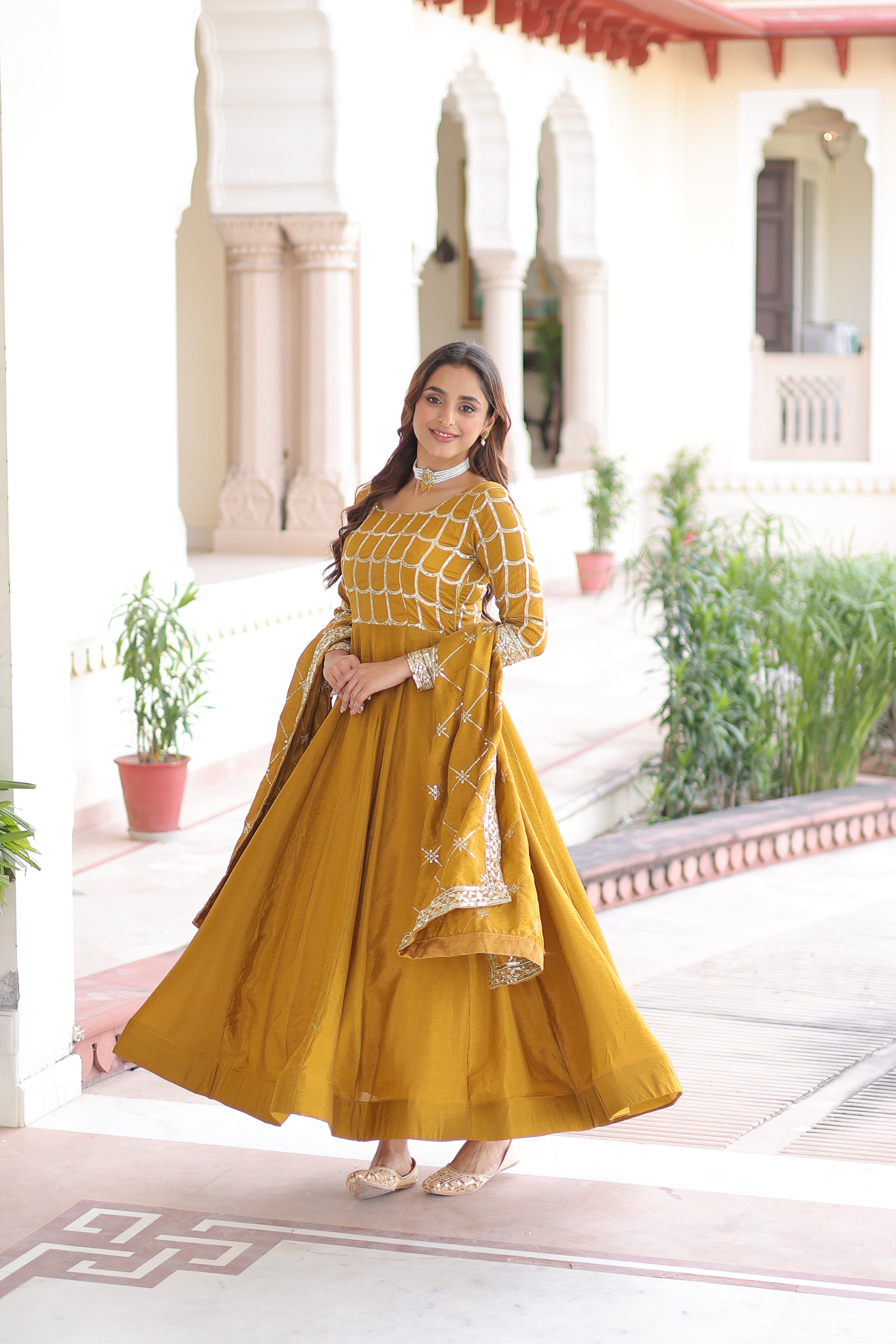 Navira Mustard Yellow Vichitra Silk Rich Sequins Zari Embroidered Gown with Dupatta