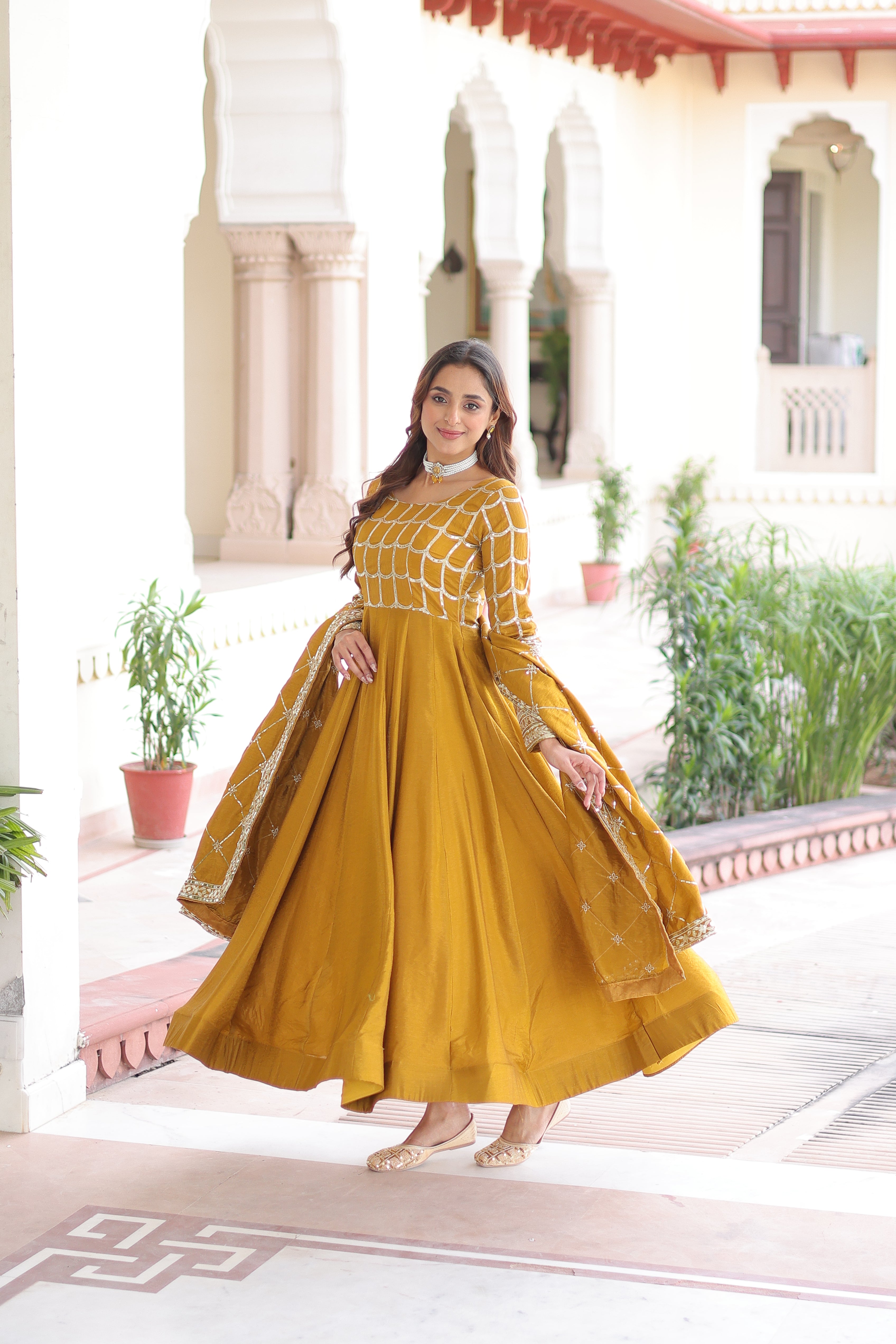 Navira Mustard Yellow Vichitra Silk Rich Sequins Zari Embroidered Gown with Dupatta