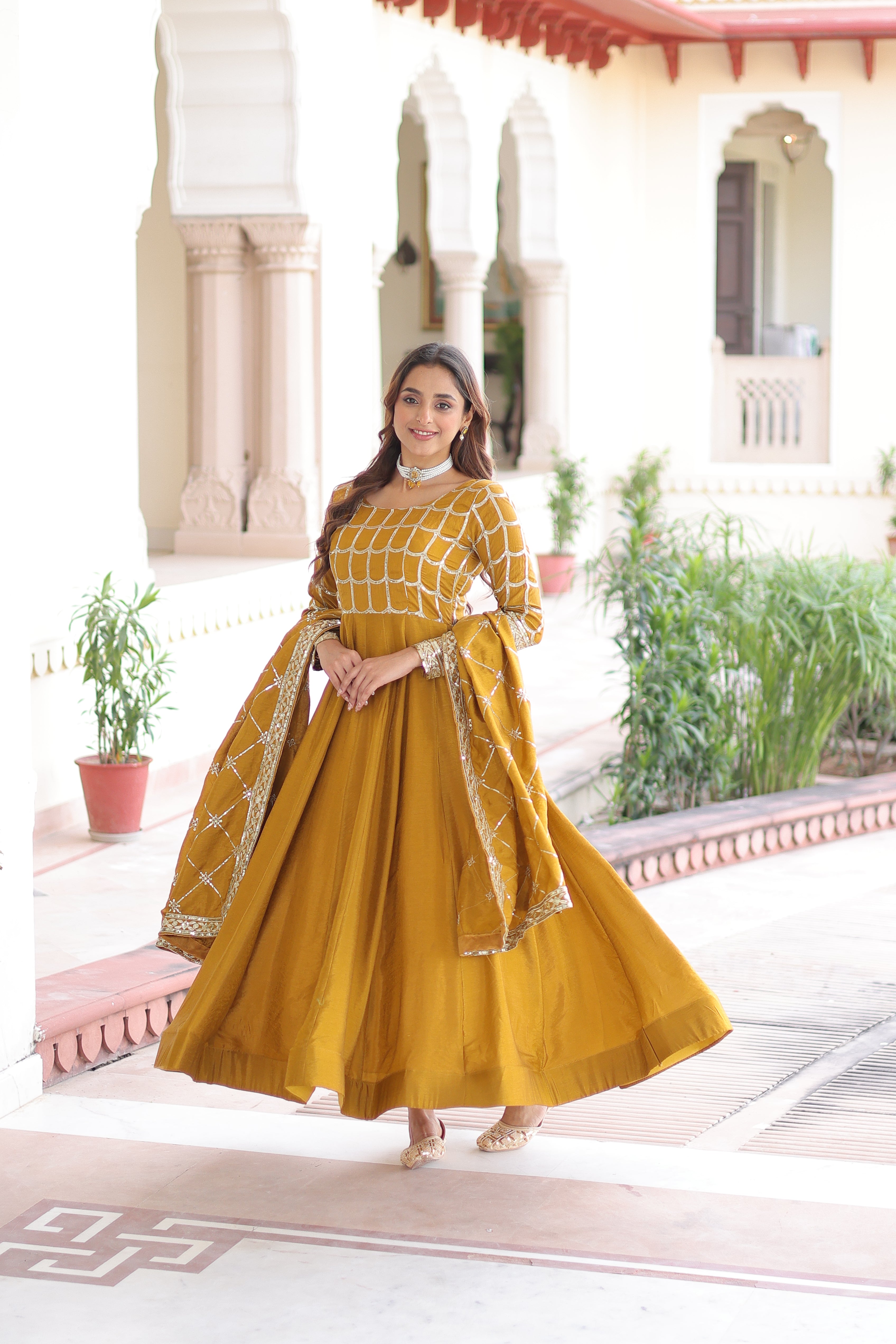 Navira Mustard Yellow Vichitra Silk Rich Sequins Zari Embroidered Gown with Dupatta
