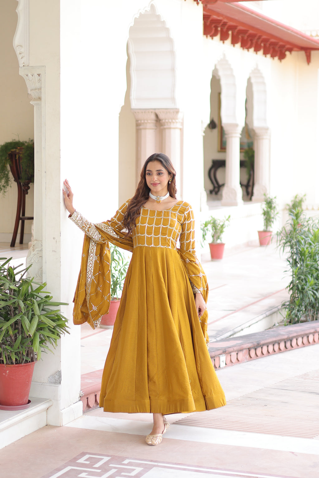 Navira Mustard Yellow Vichitra Silk Rich Sequins Zari Embroidered Gown with Dupatta