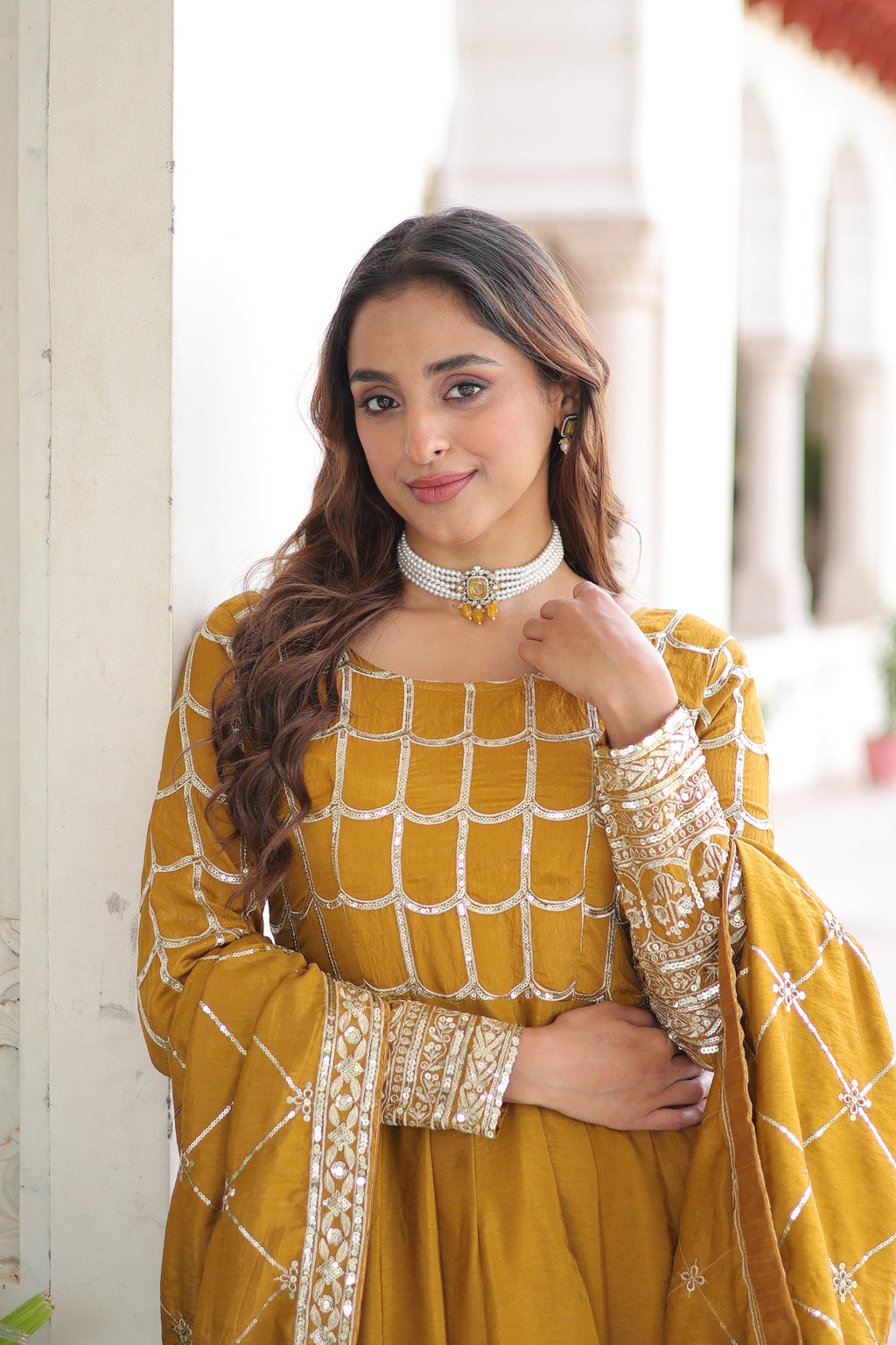 Navira Mustard Yellow Vichitra Silk Rich Sequins Zari Embroidered Gown with Dupatta