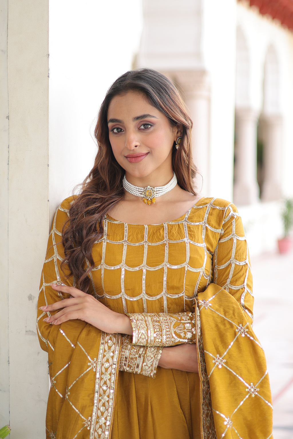 Navira Mustard Yellow Vichitra Silk Rich Sequins Zari Embroidered Gown with Dupatta