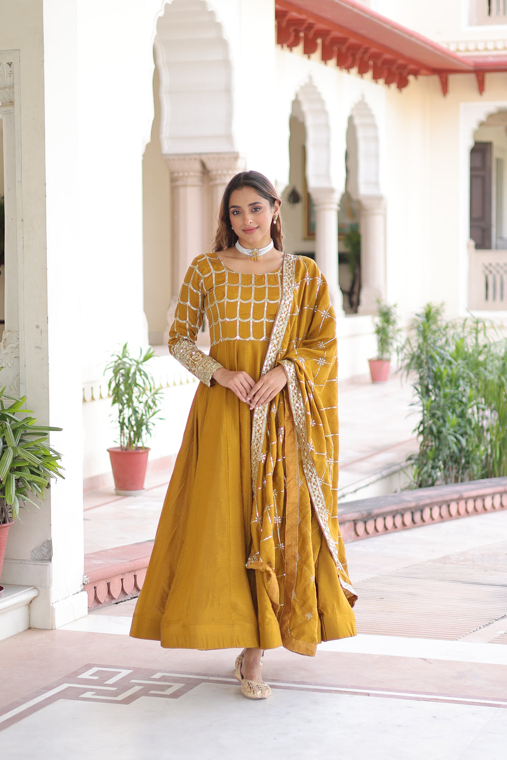 Navira Mustard Yellow Vichitra Silk Rich Sequins Zari Embroidered Gown with Dupatta