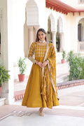 Navira Mustard Yellow Vichitra Silk Rich Sequins Zari Embroidered Gown with Dupatta