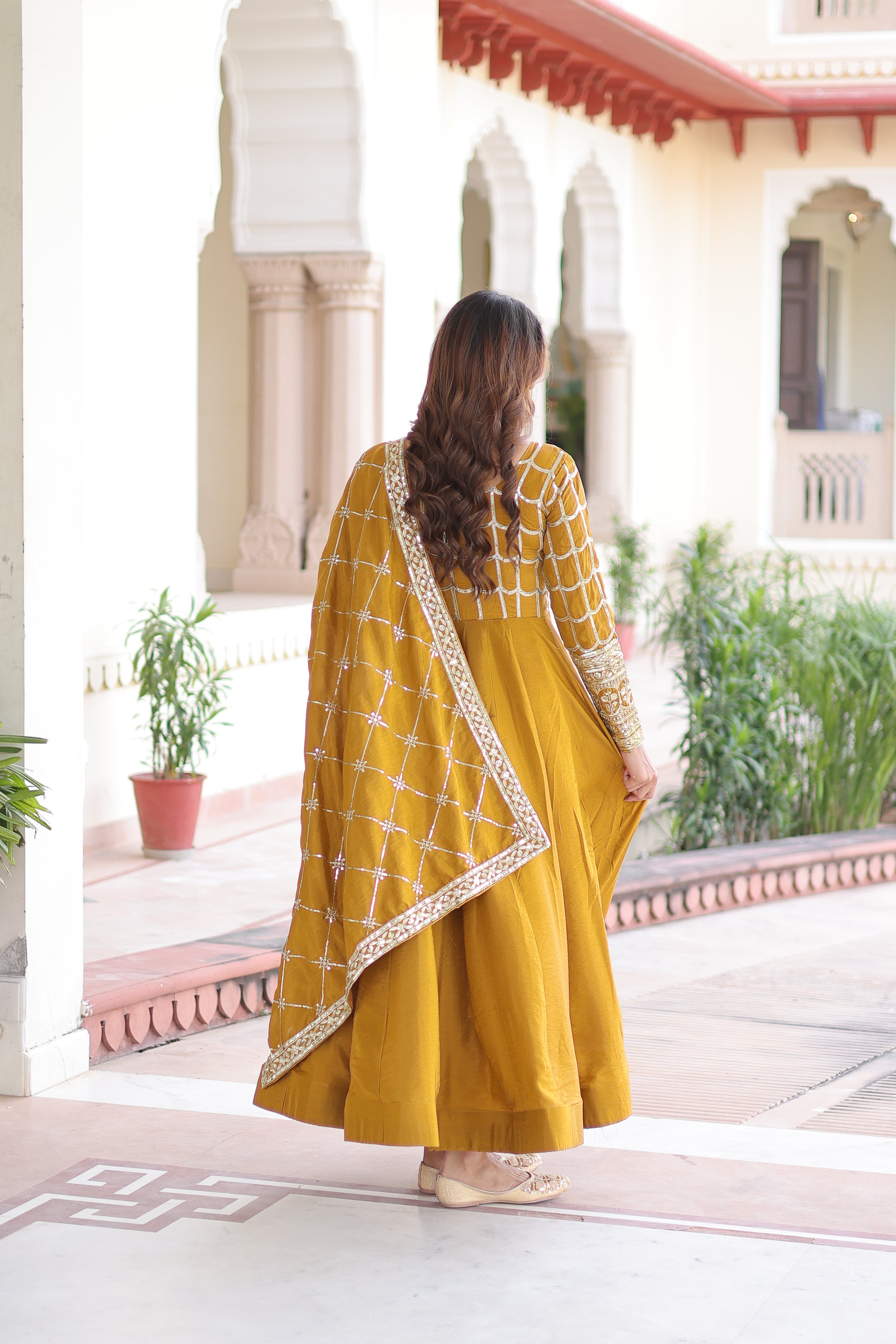 Navira Mustard Yellow Vichitra Silk Rich Sequins Zari Embroidered Gown with Dupatta
