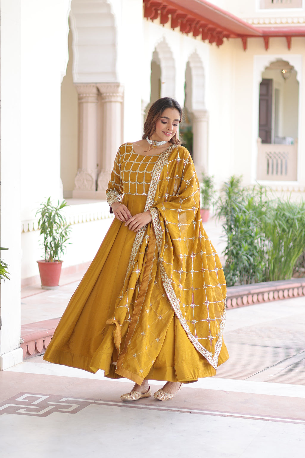 Navira Mustard Yellow Vichitra Silk Rich Sequins Zari Embroidered Gown with Dupatta