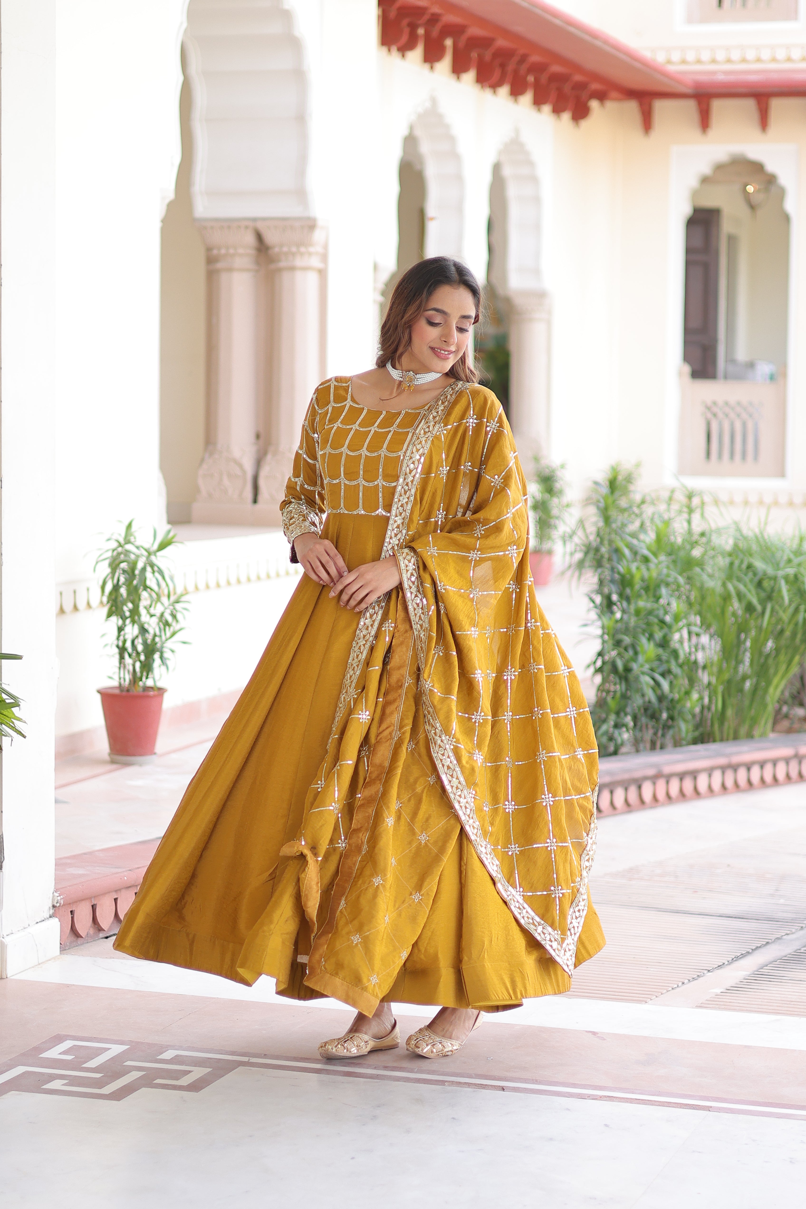 Navira Mustard Yellow Vichitra Silk Rich Sequins Zari Embroidered Gown with Dupatta